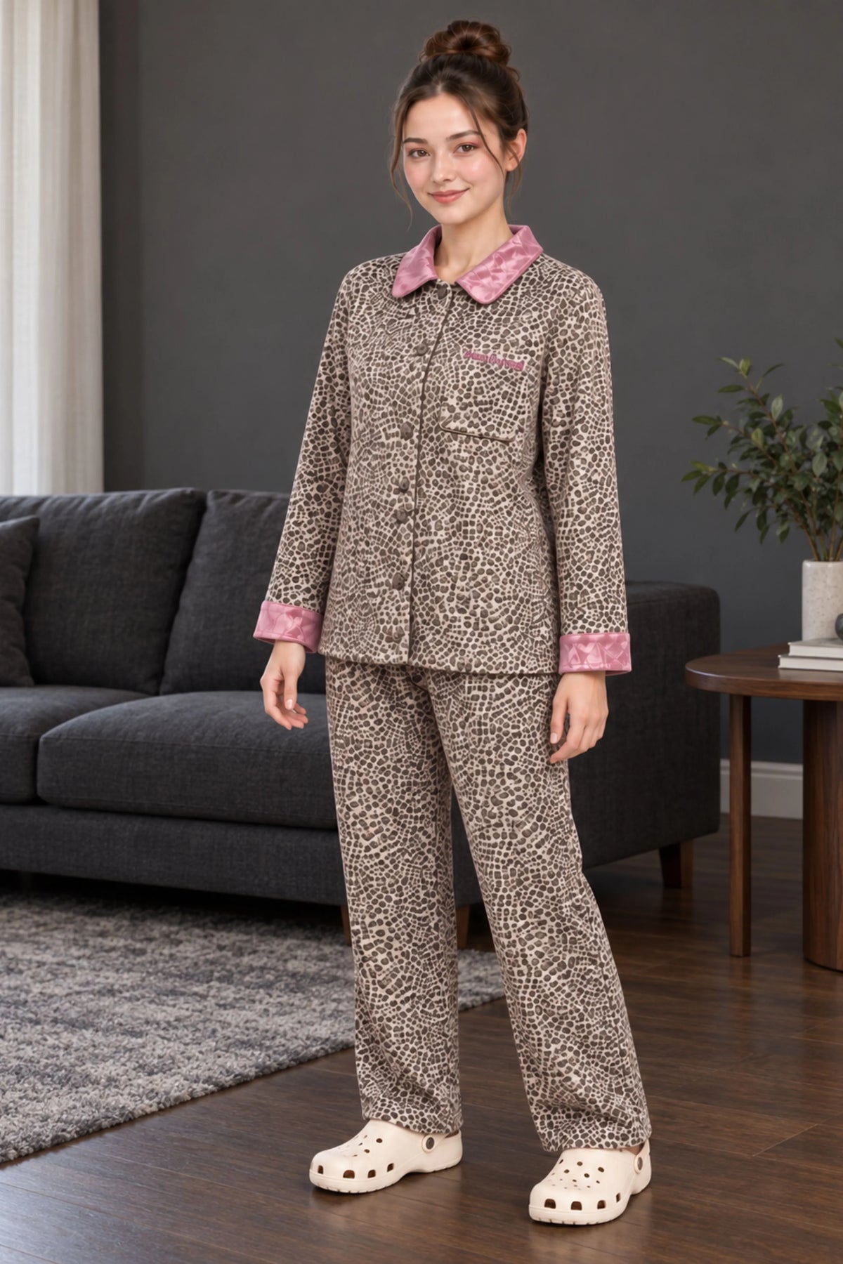 Beige Leopard Print Winter Night Suit-Global Republic