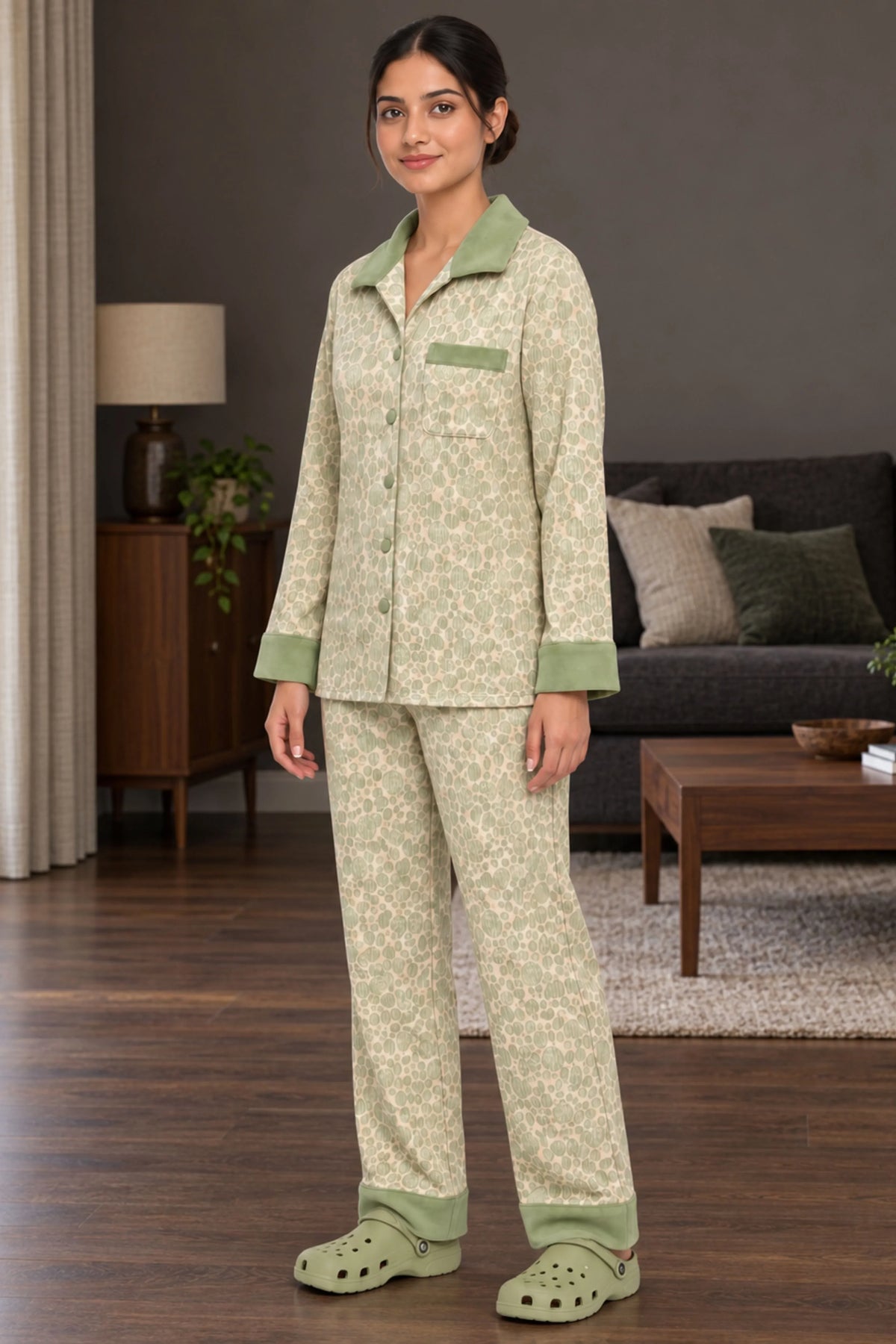 Green Floral Print Winter Night Suit-Global Republic