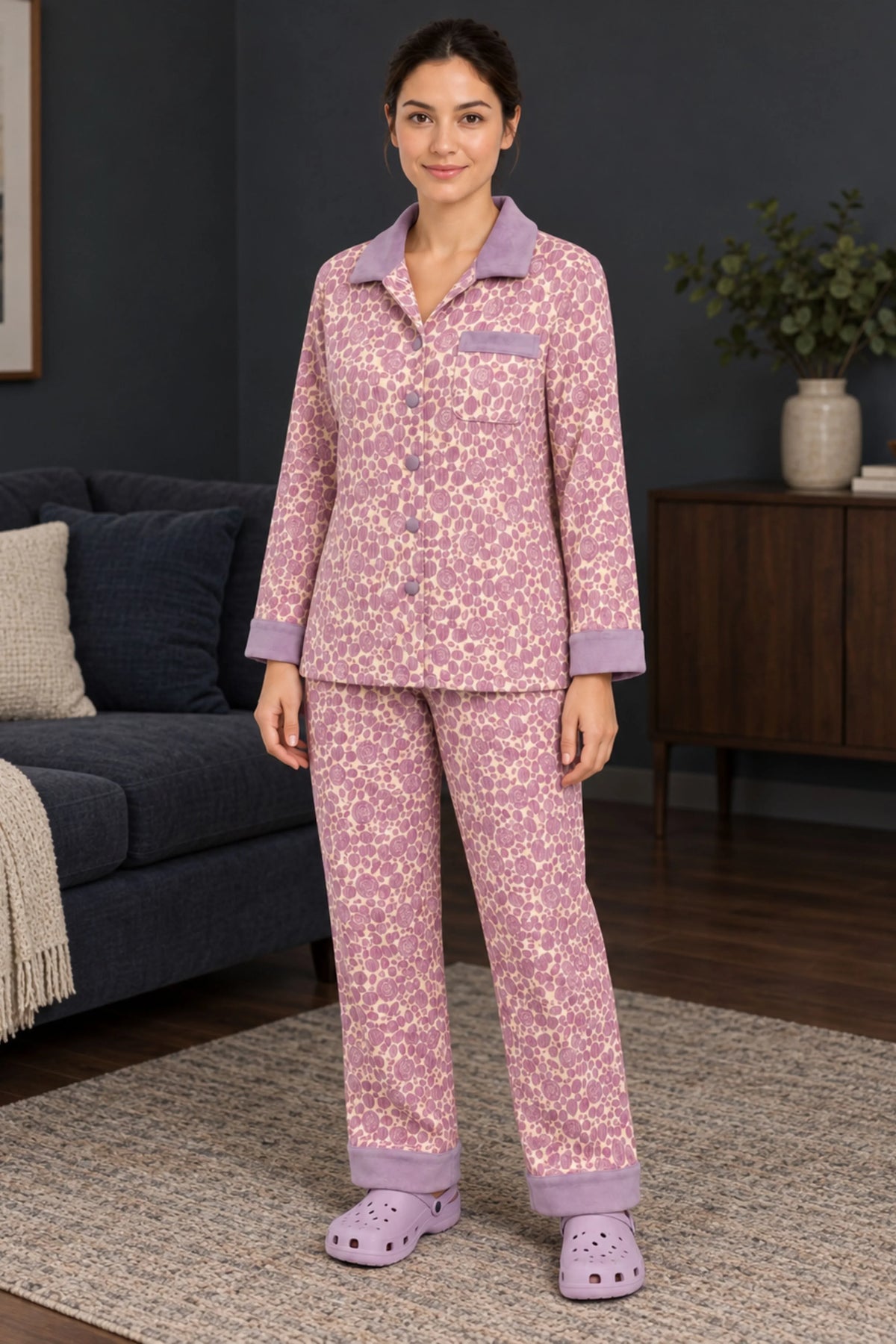 Mauve Floral Print Winter Night Suit-Global Republic