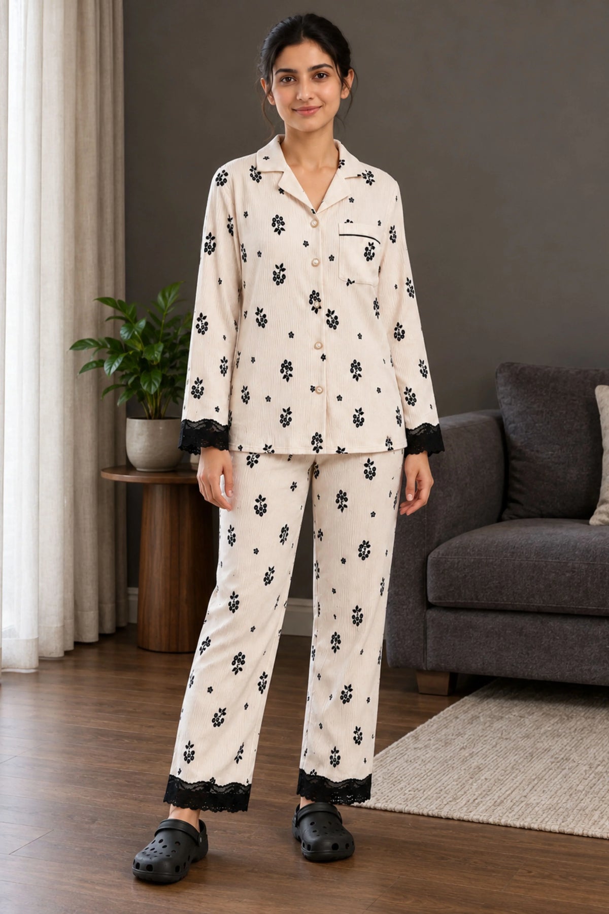 Cream Floral Winter Night Suit-Global Republic