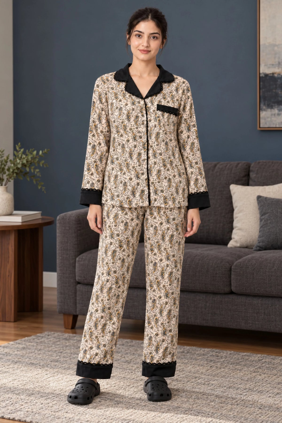 Black Floral Paisley Winter Night Suit-Global Republic
