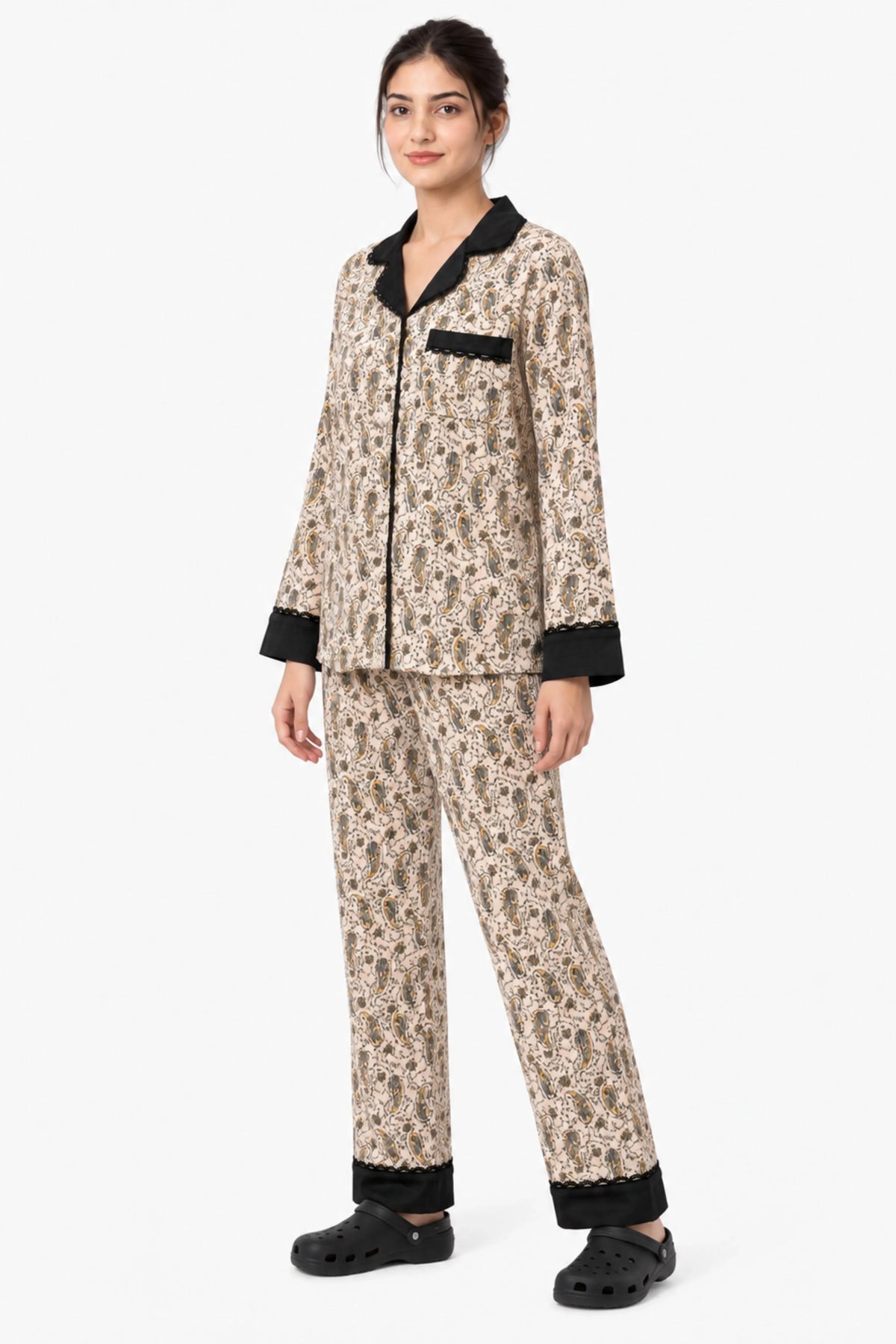 Black Floral Paisley Winter Night Suit-Global Republic