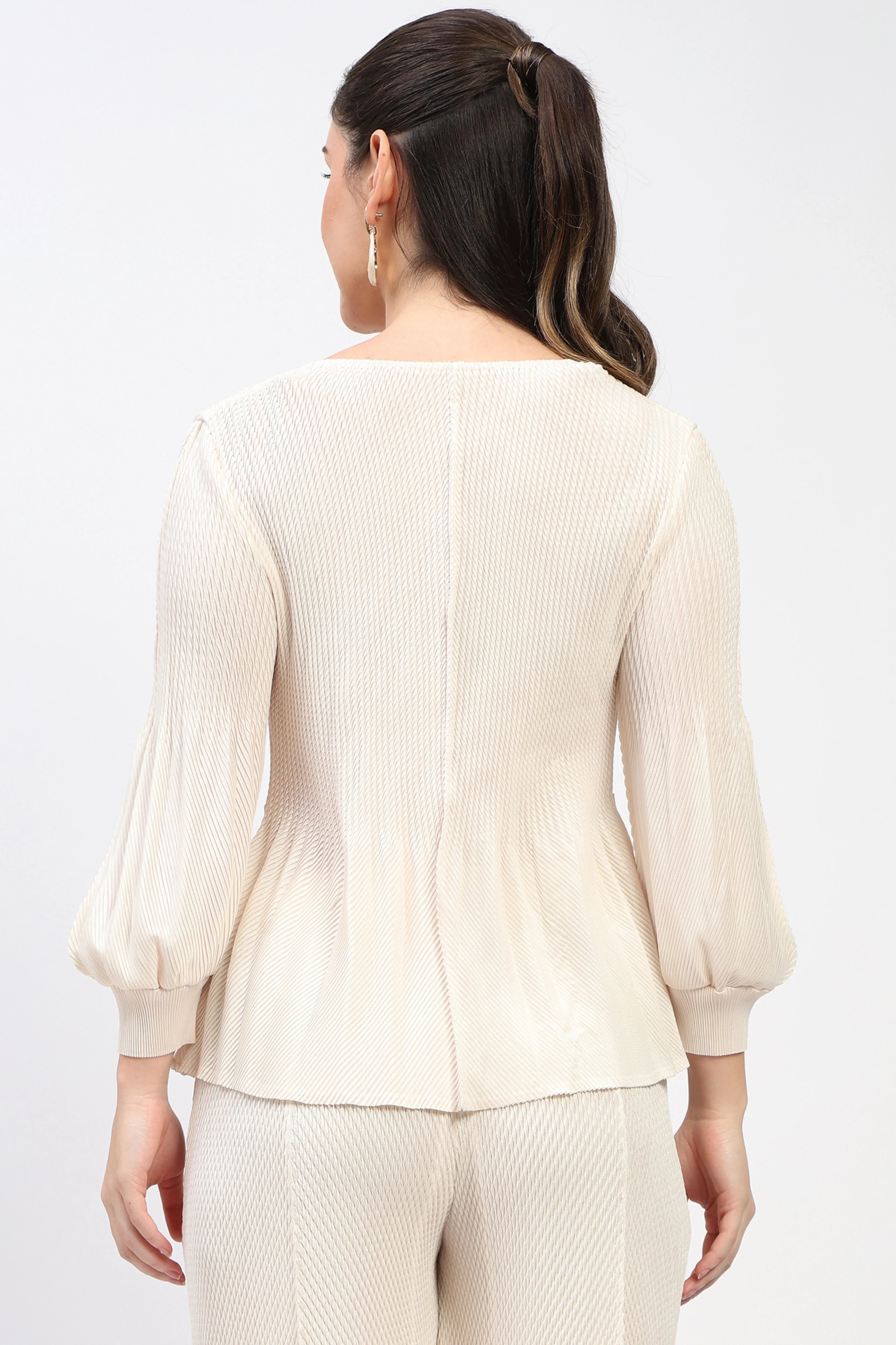 Cream Free-Size Pleated Blouson Top-Global Republic