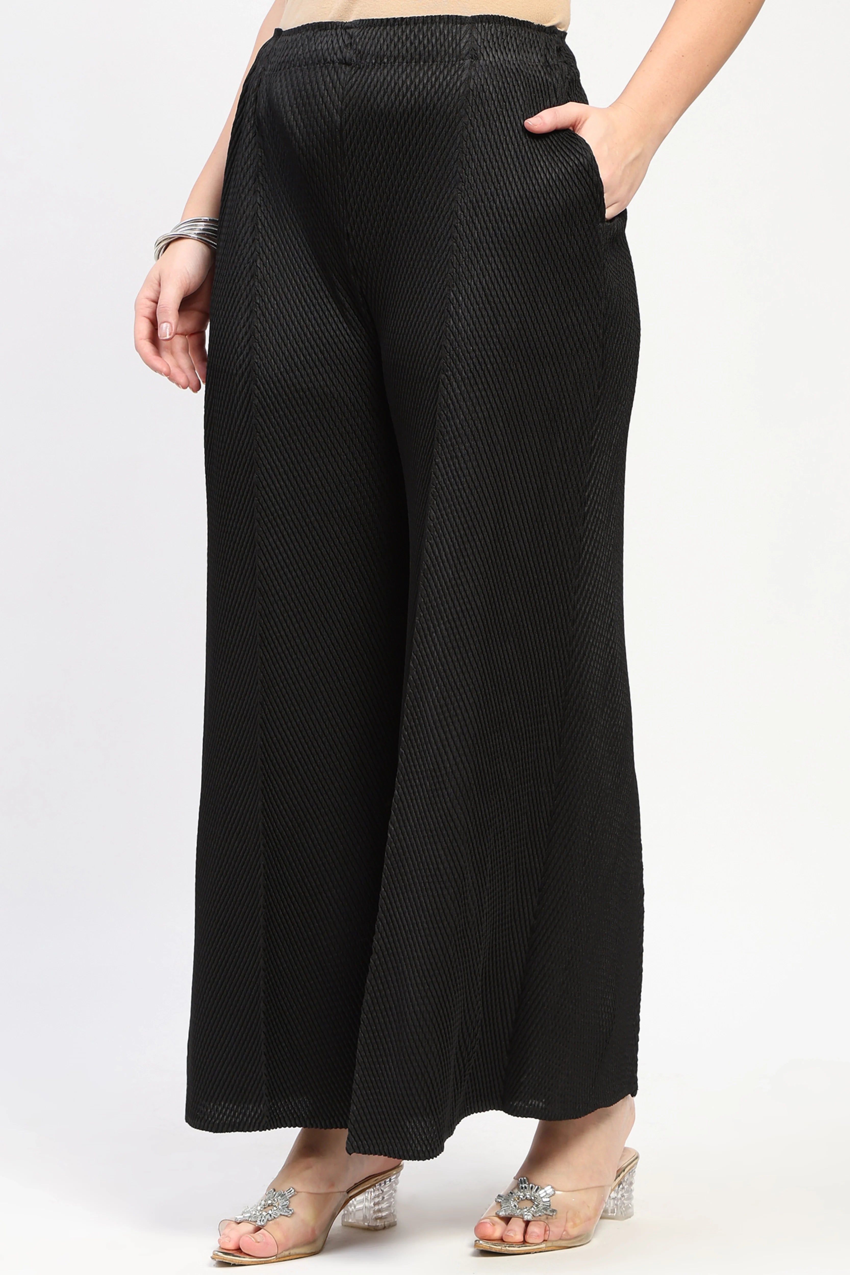 Black Pleated Wide Leg Pants-Global Republic
