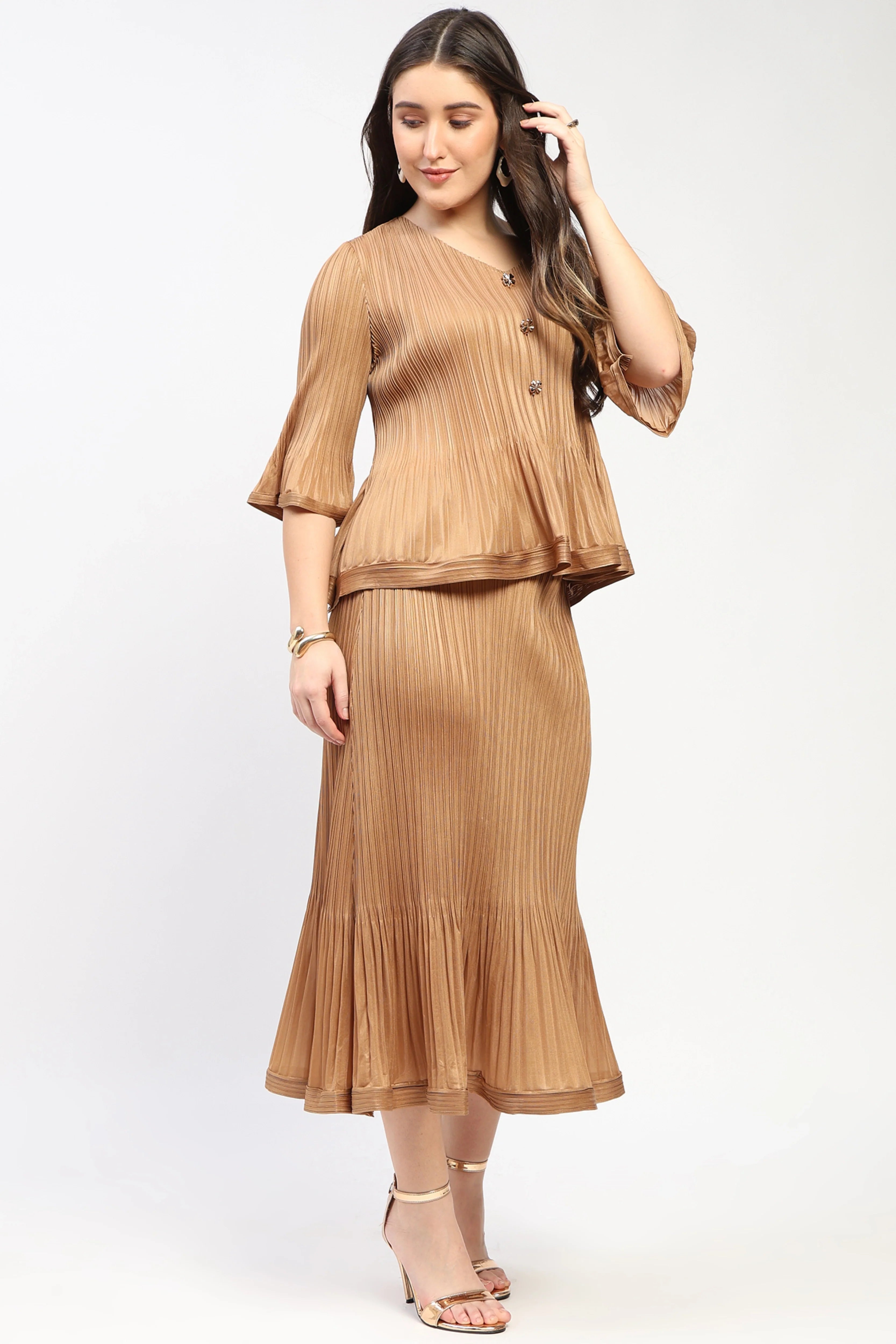 Brown Pleated Peplum Top & Midi Skirt Set-Global Republic