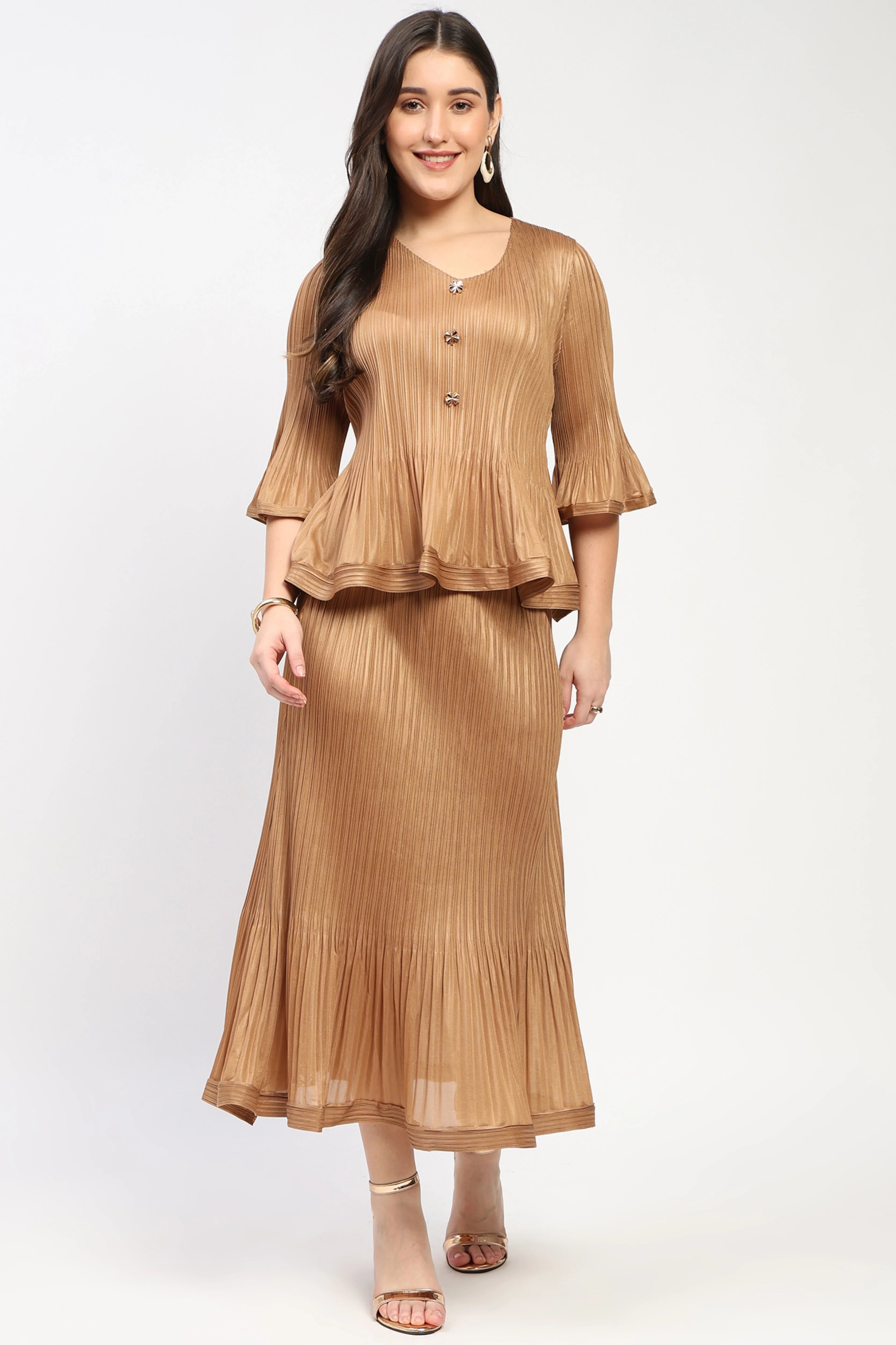 Brown Pleated Peplum Top & Midi Skirt Set-Global Republic