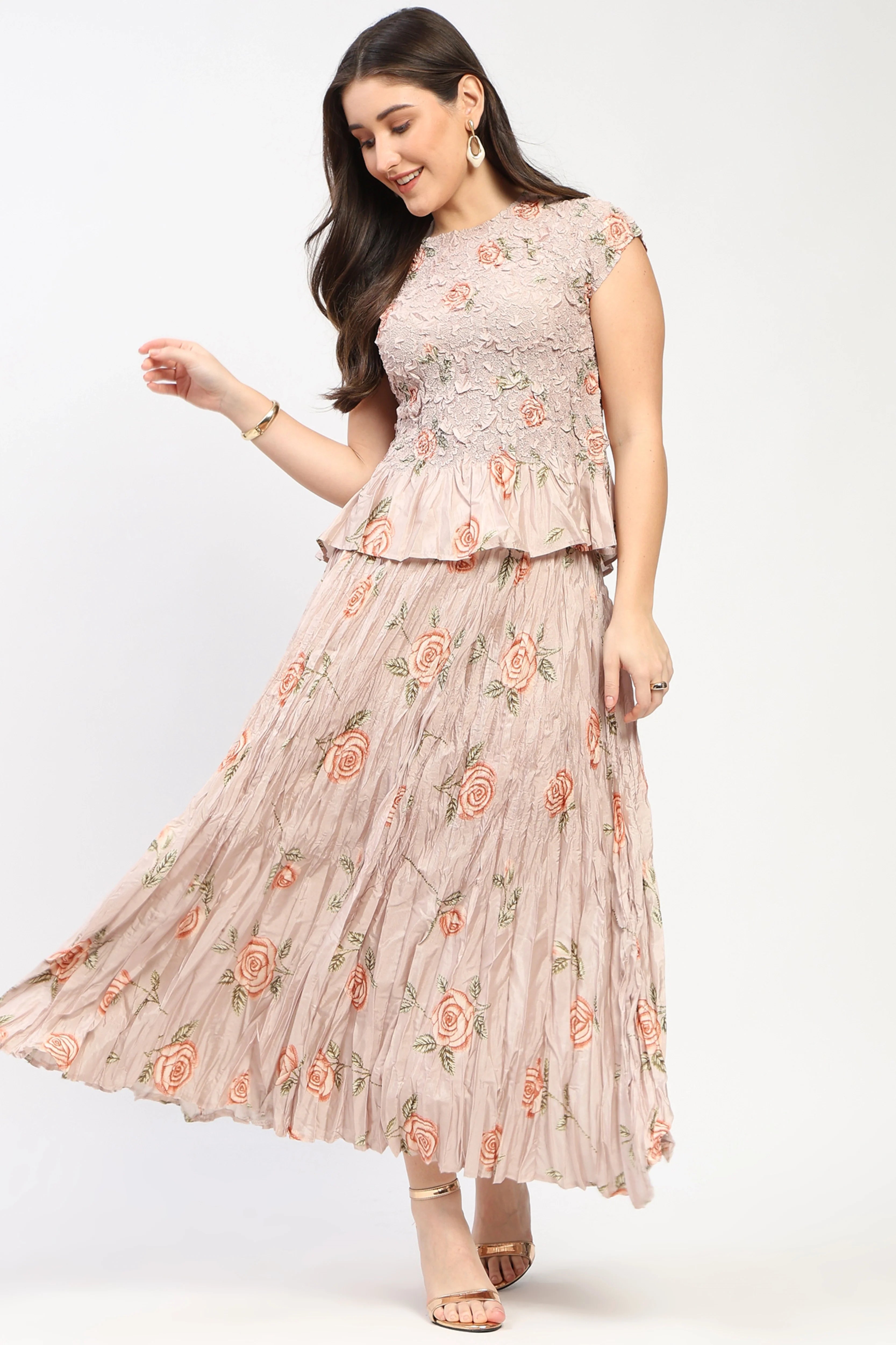 Floral Crushed Peplum Top & Maxi Skirt Set-Global Republic