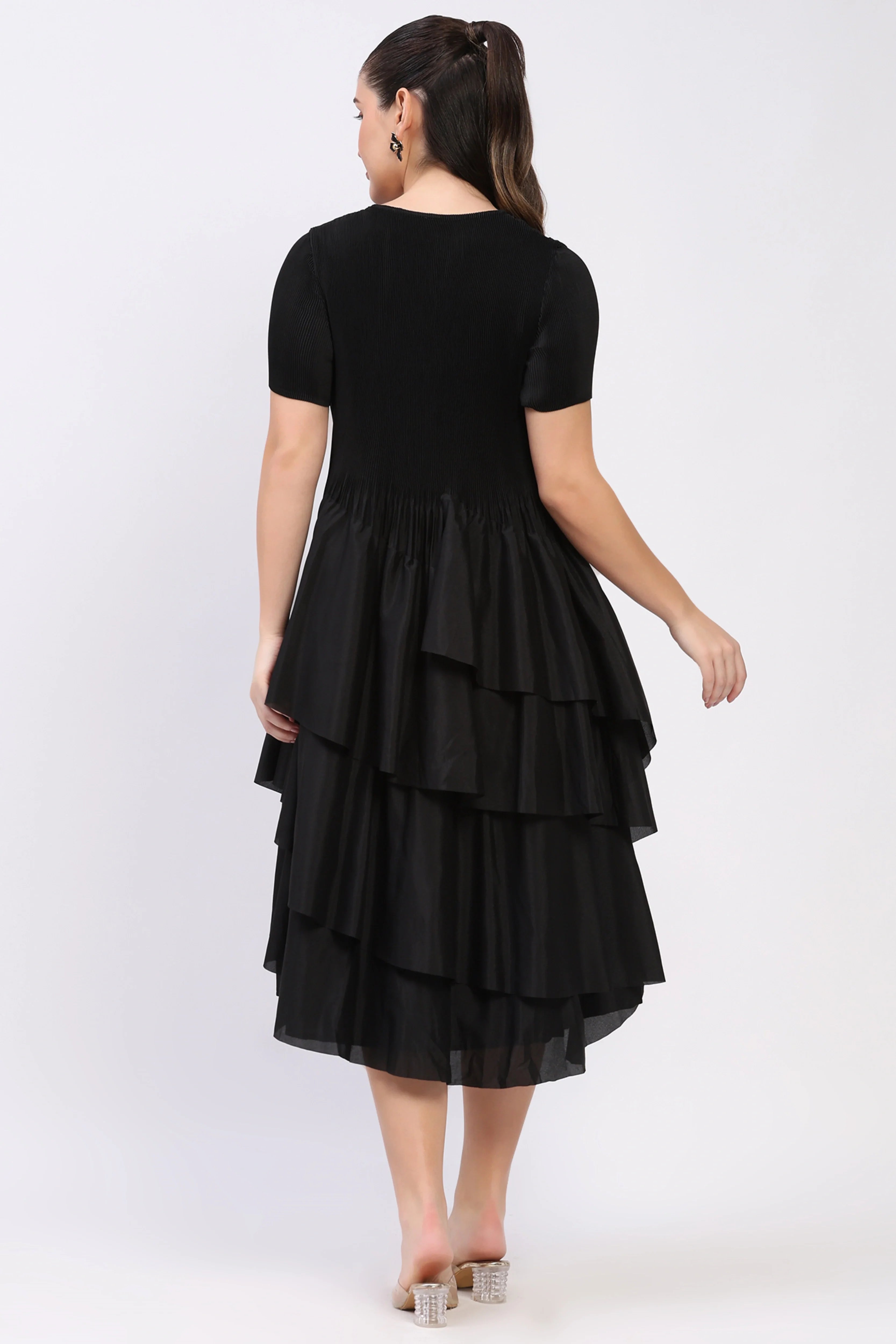 Black Pleated Flare Dress-Global Republic