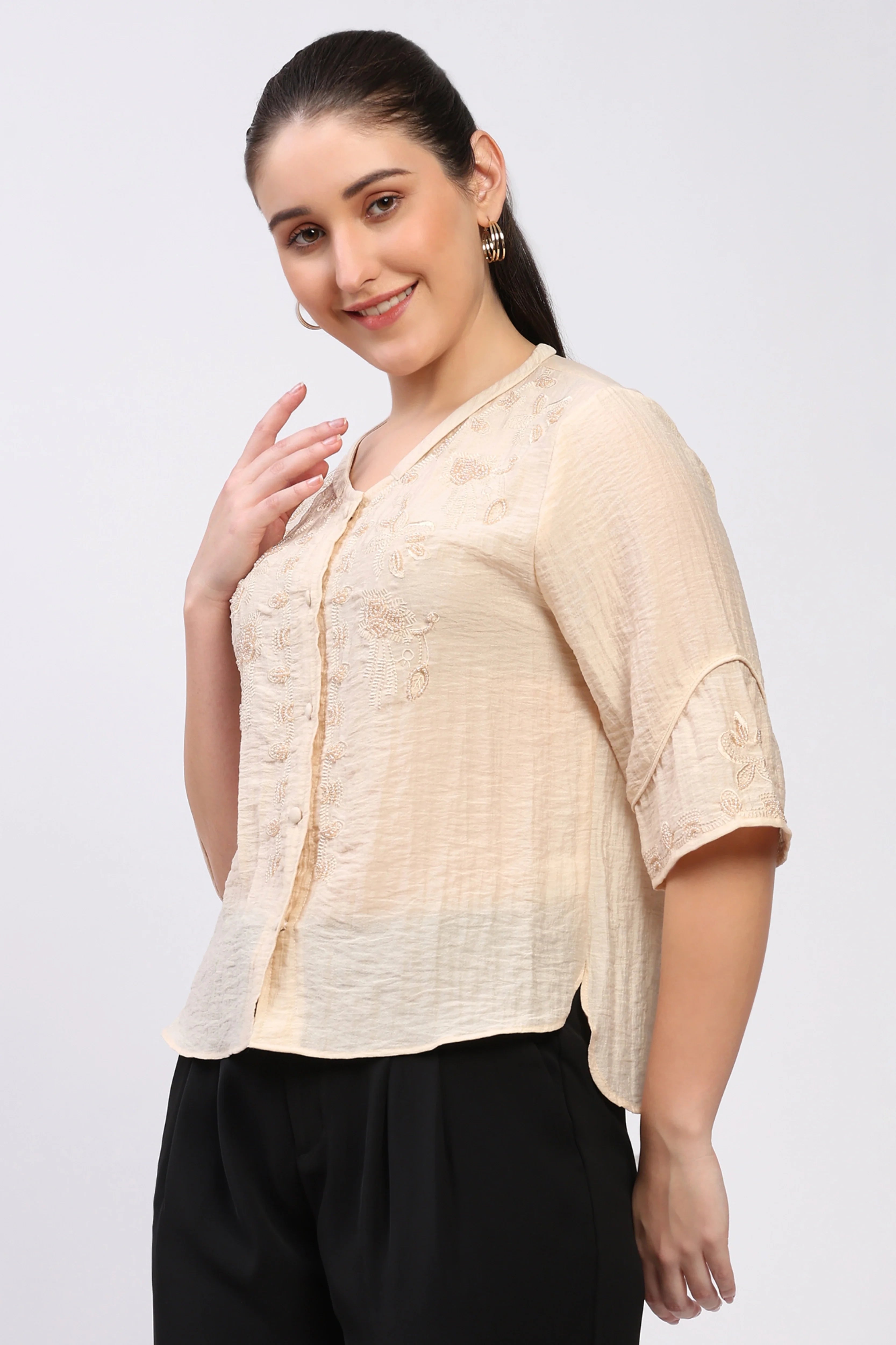 Beige Embroidered Top-Global Republic