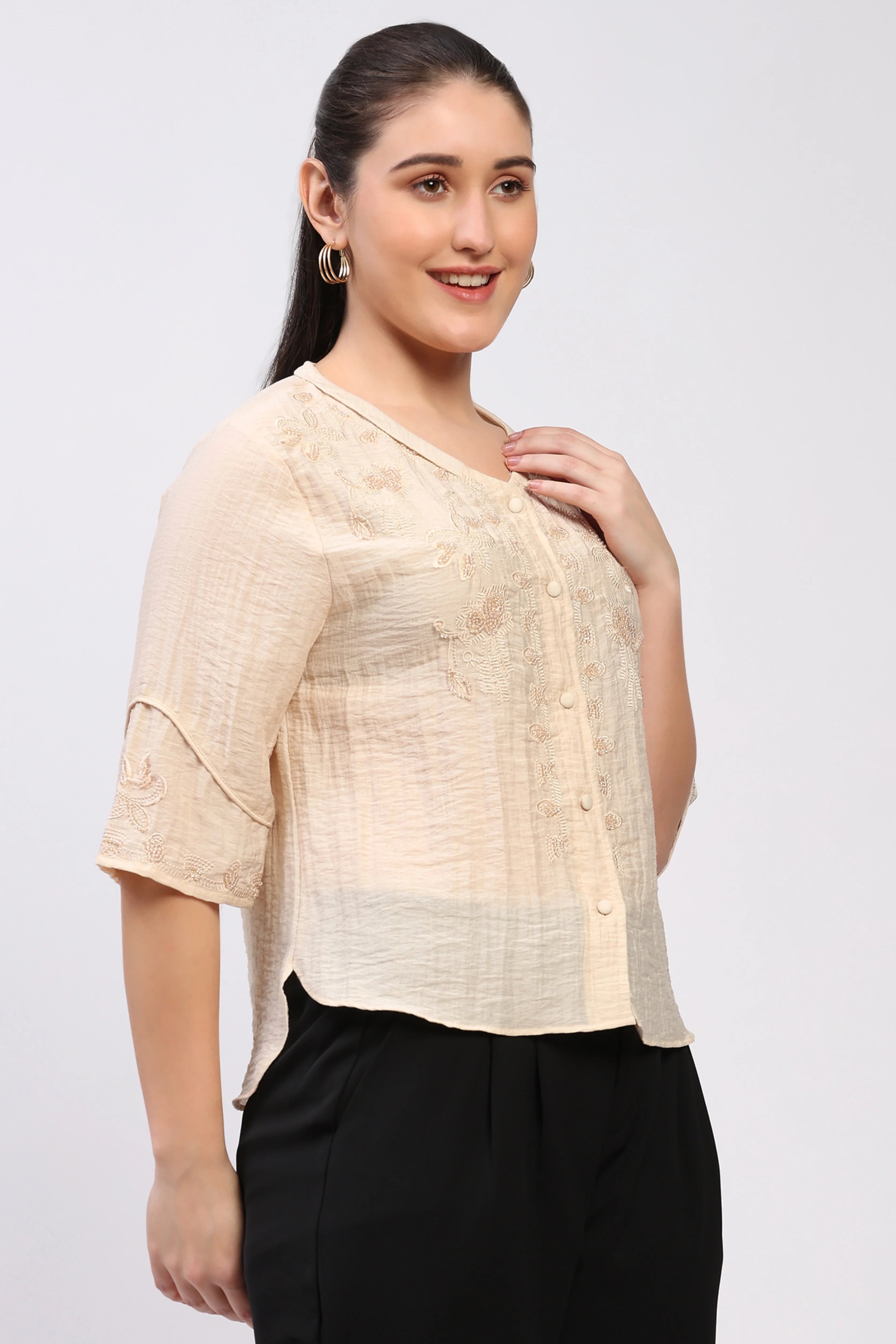 Beige Embroidered Top-Global Republic