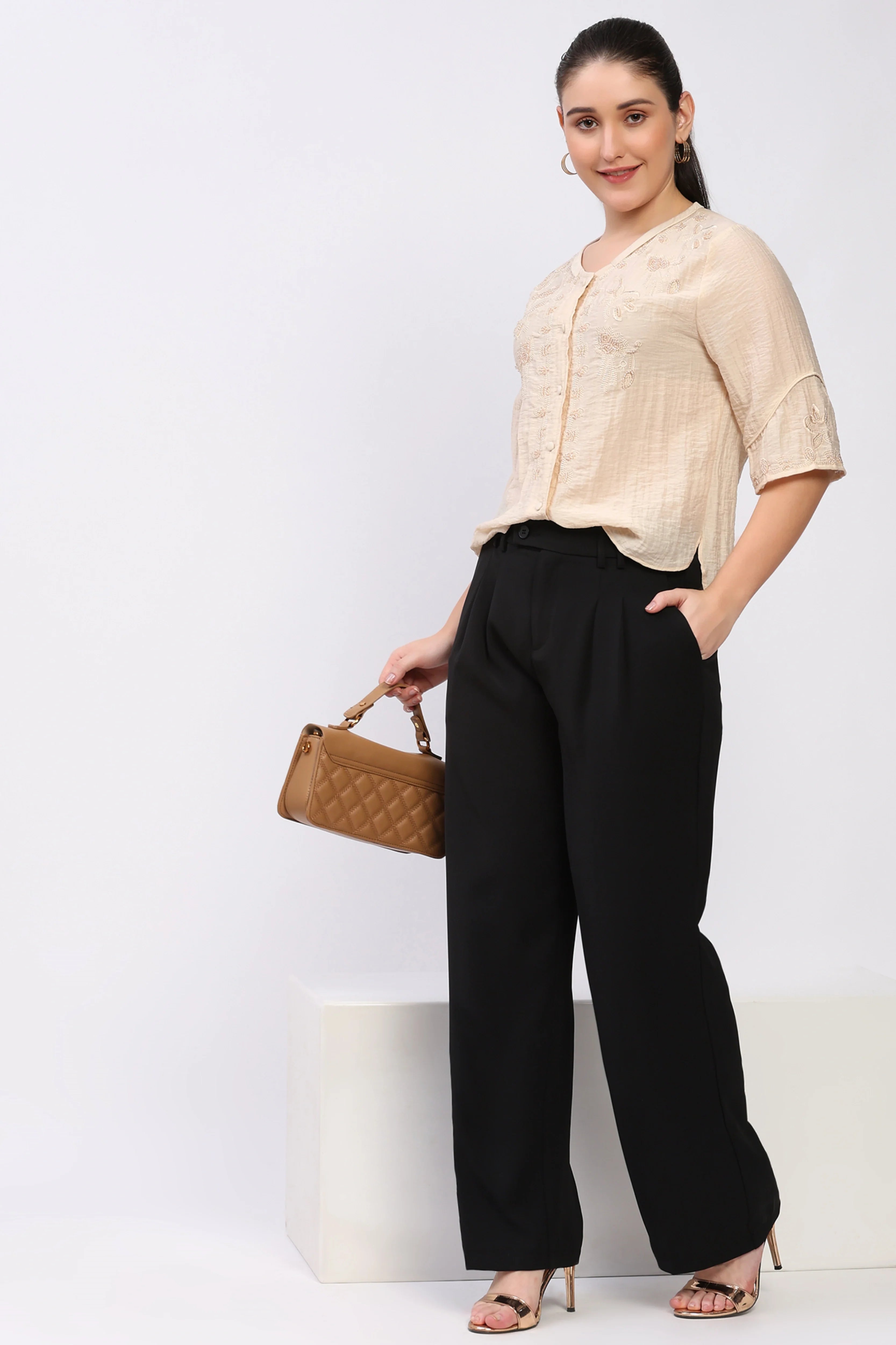 Beige Embroidered Top-Global Republic