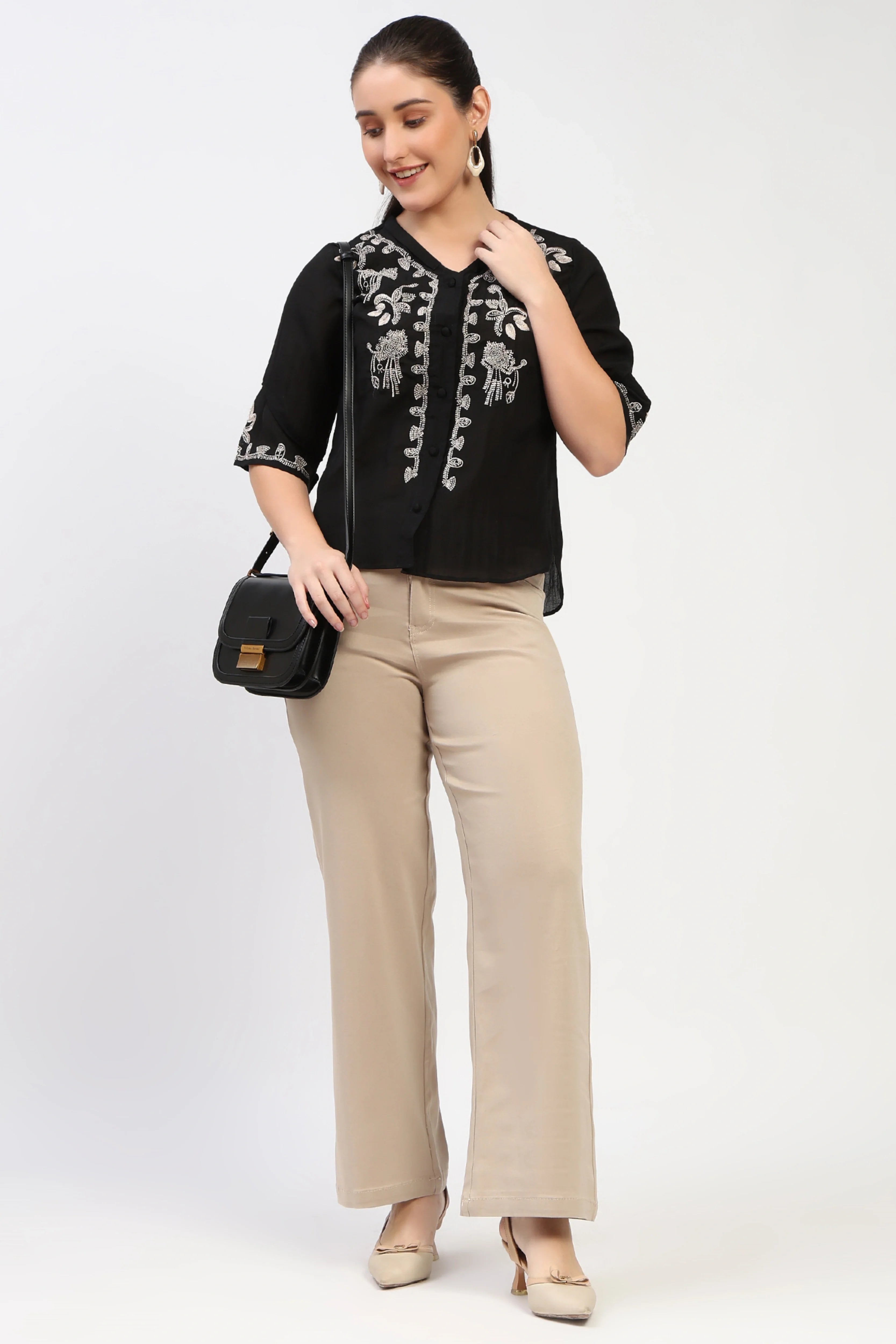 Black Embroidered V-Neck Top-Global Republic