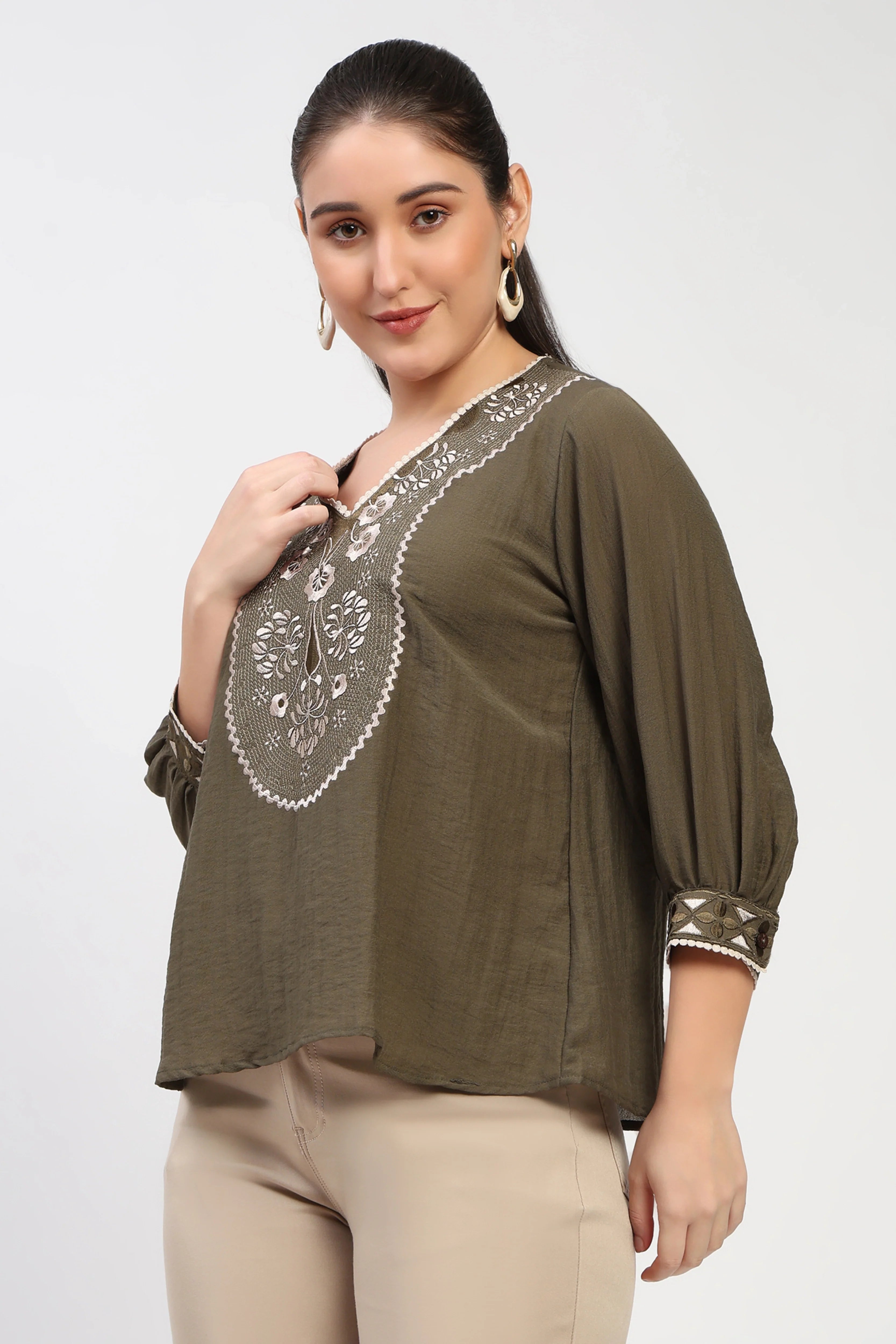 Olive Floral Embroidered Top-Global Republic