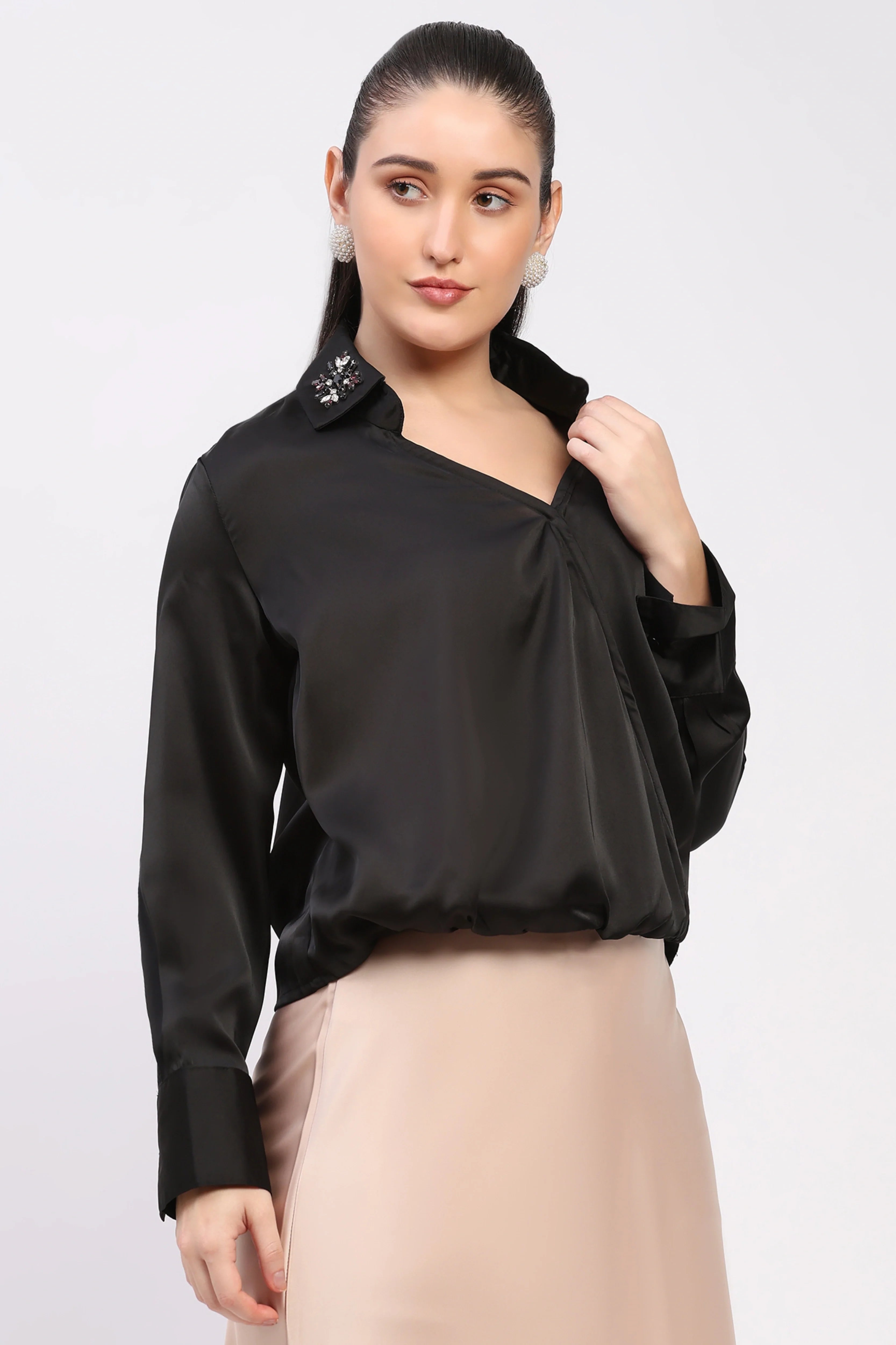 Black Studded Satin Party Top-Global Republic