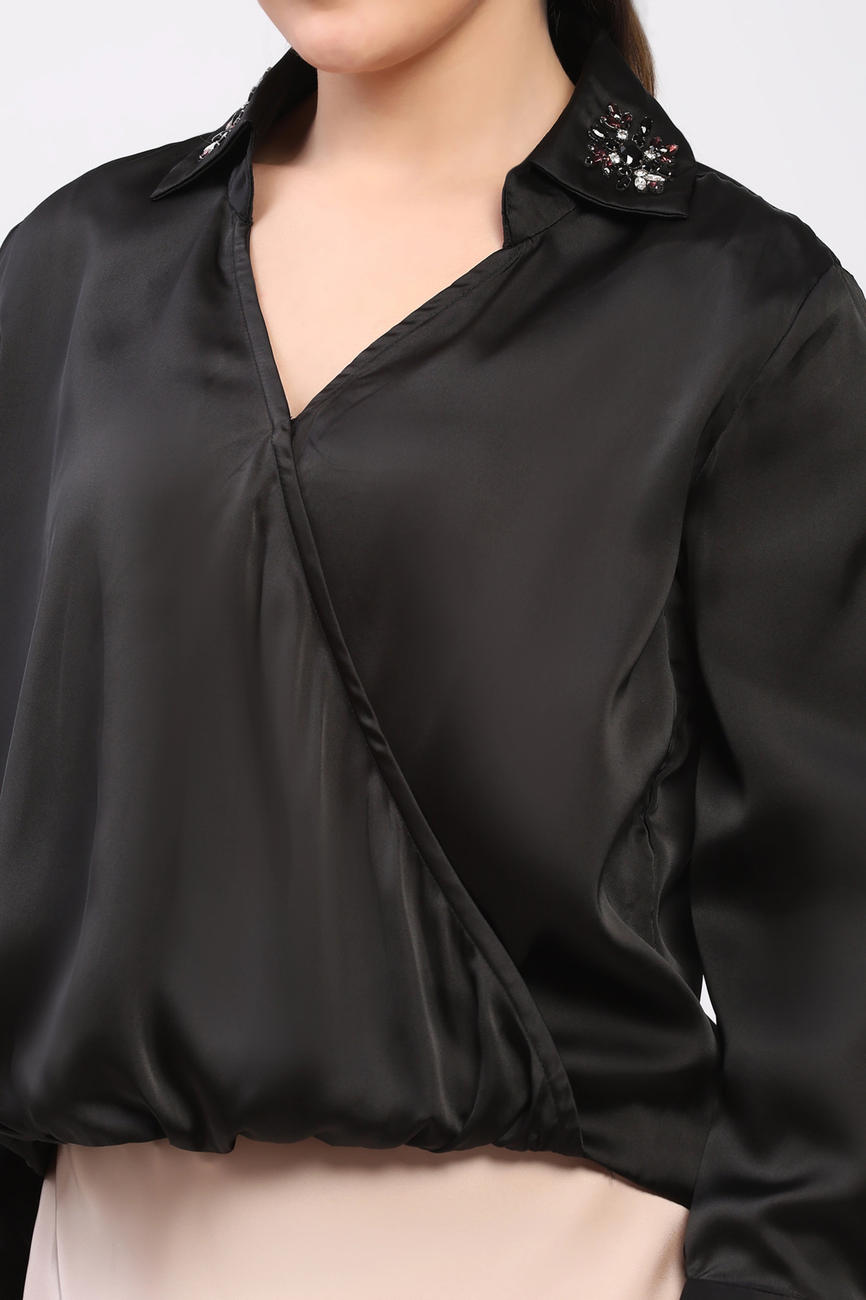 Black Studded Satin Party Top
