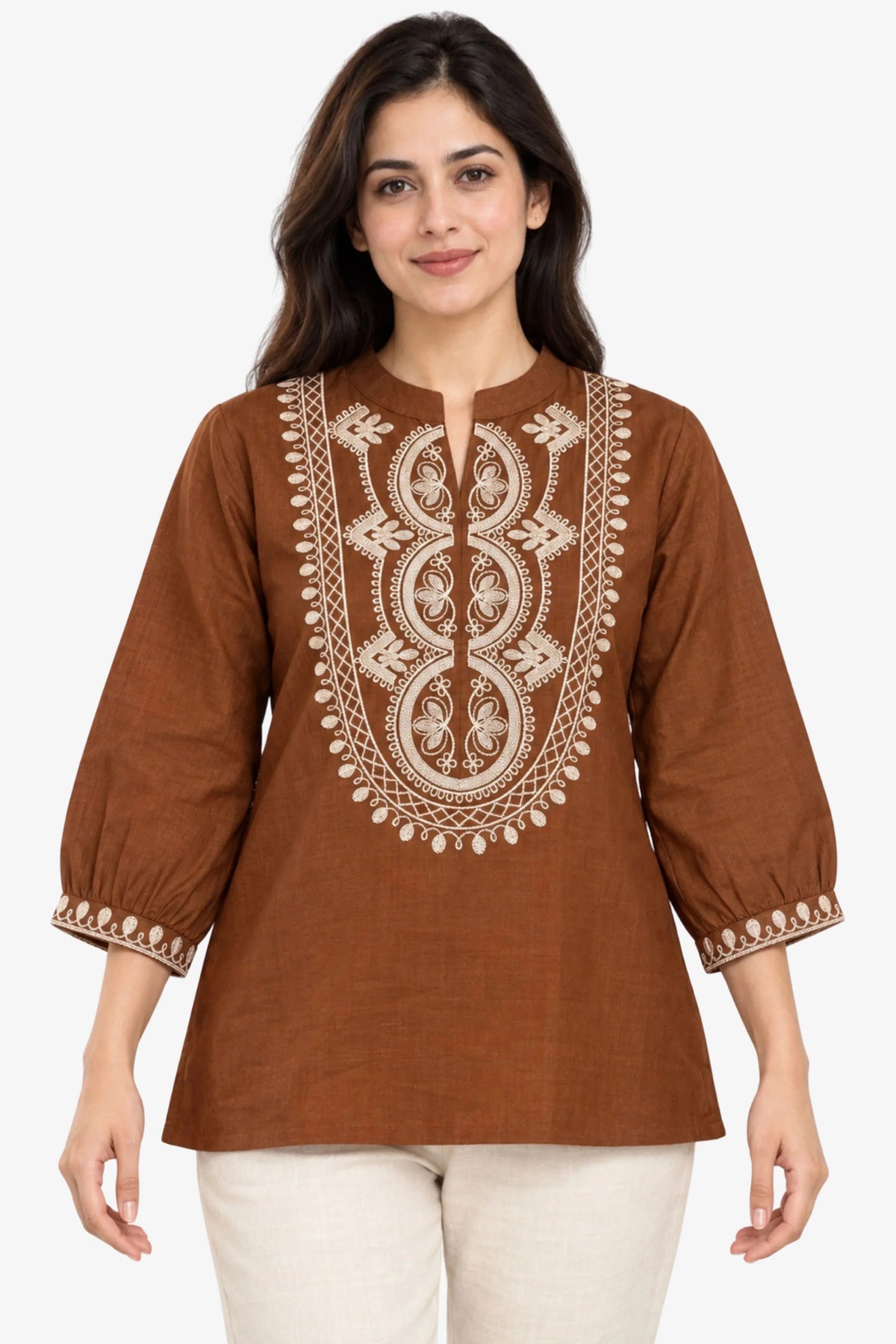 Brown Embroidered Cotton Top-Global Republic
