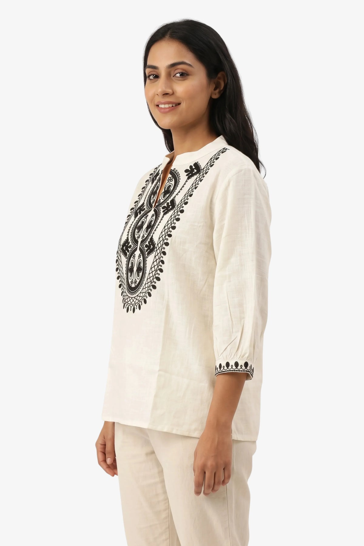 White Embroidered Cotton Top-Global Republic