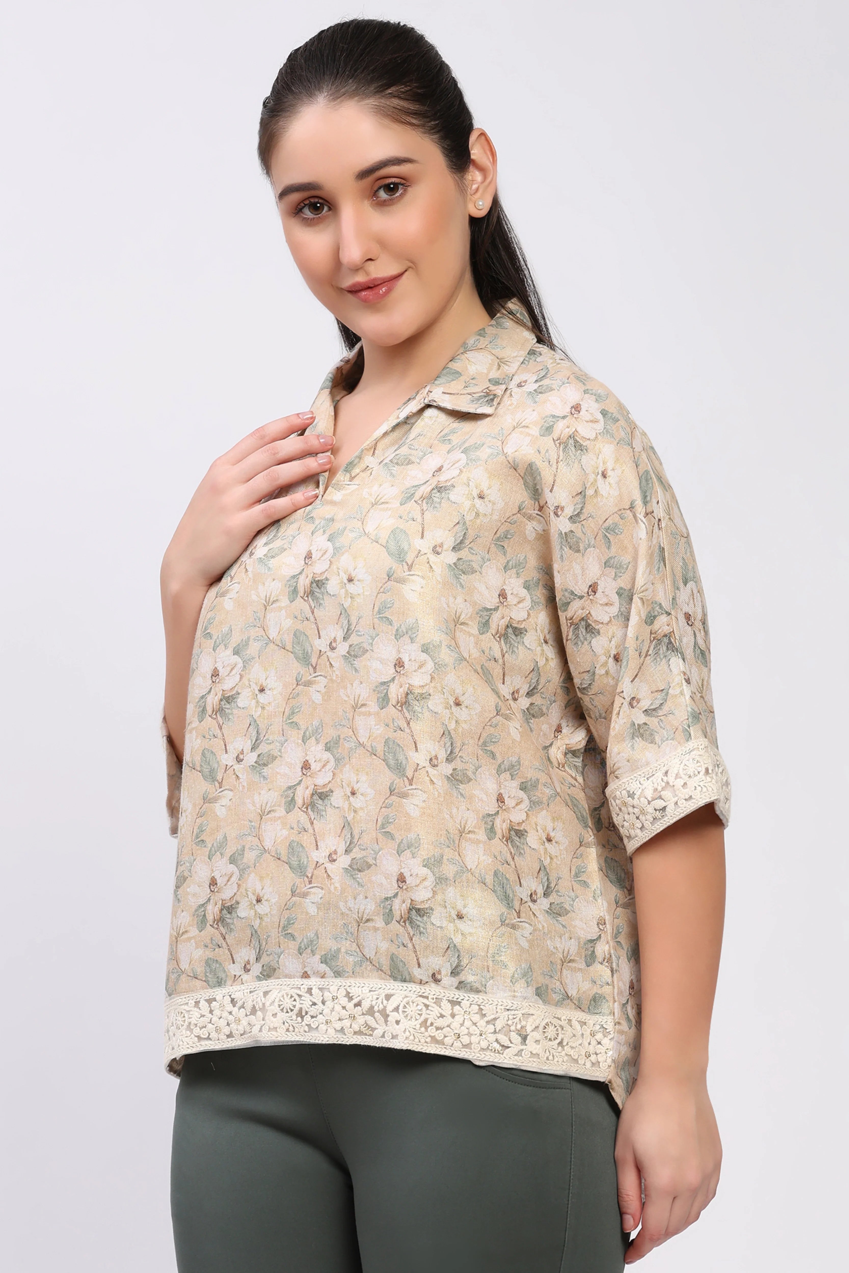 Beige Floral Lace-Trim Top-Global Republic