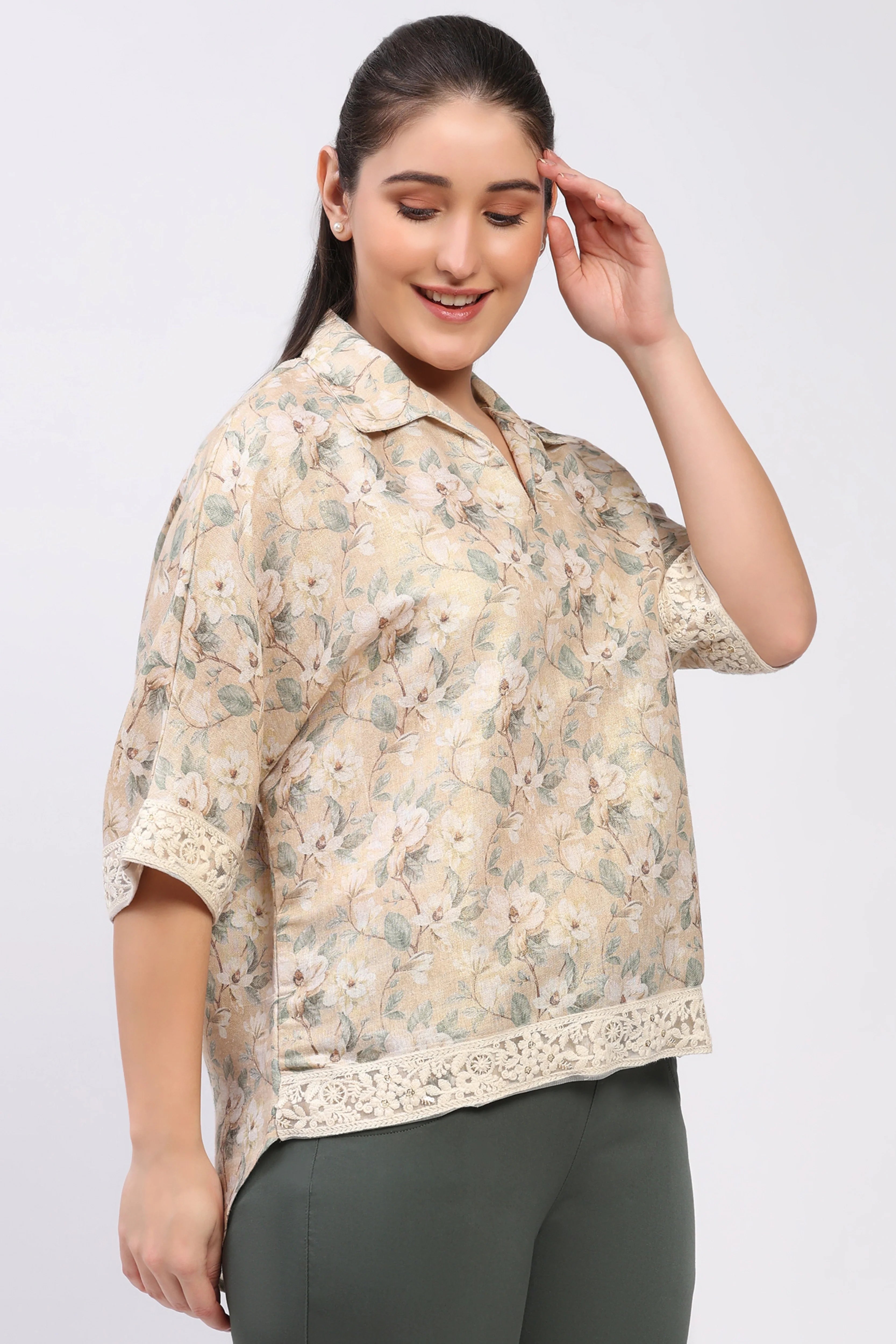 Beige Floral Lace-Trim Top-Global Republic