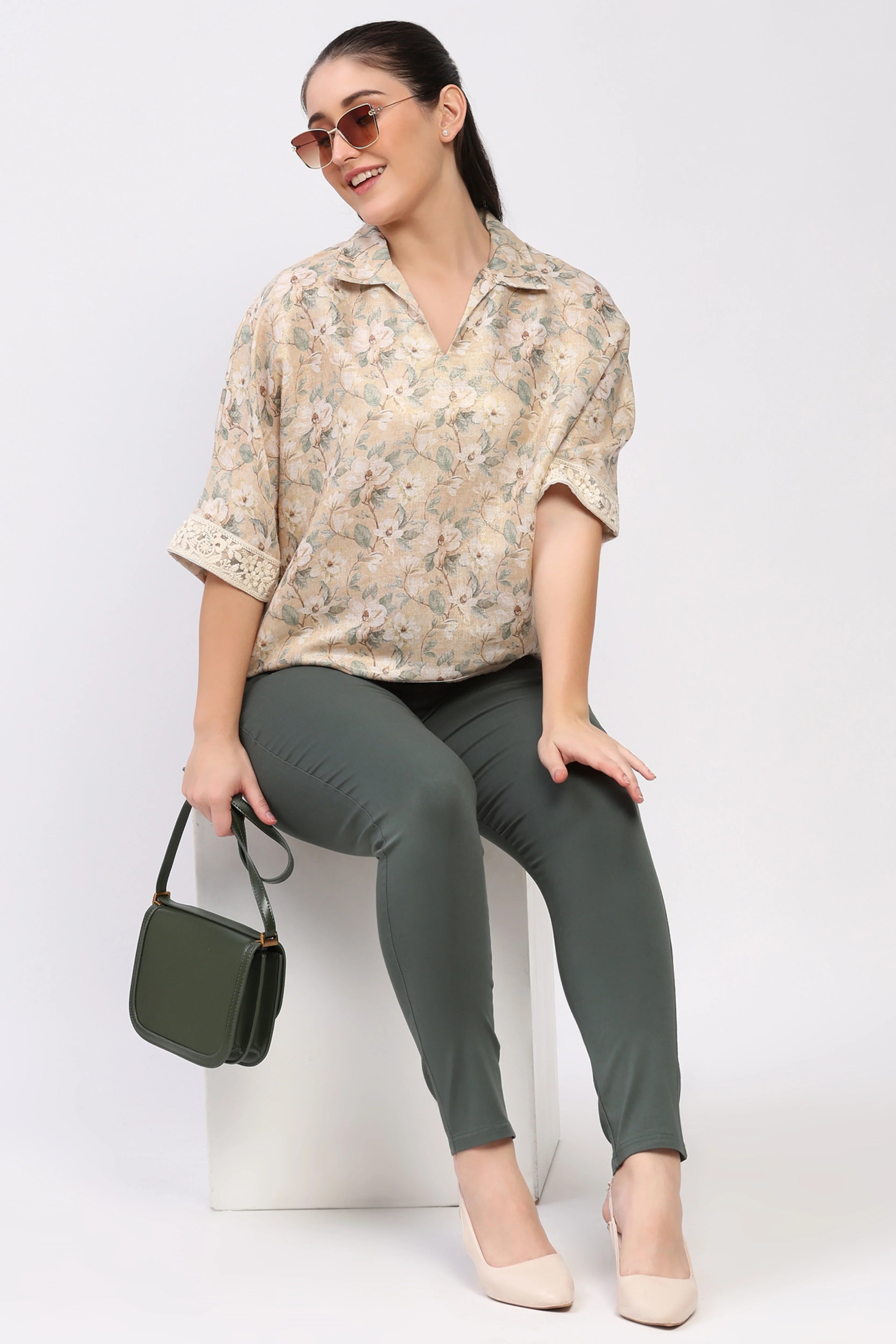 Beige Floral Lace-Trim Top-Global Republic
