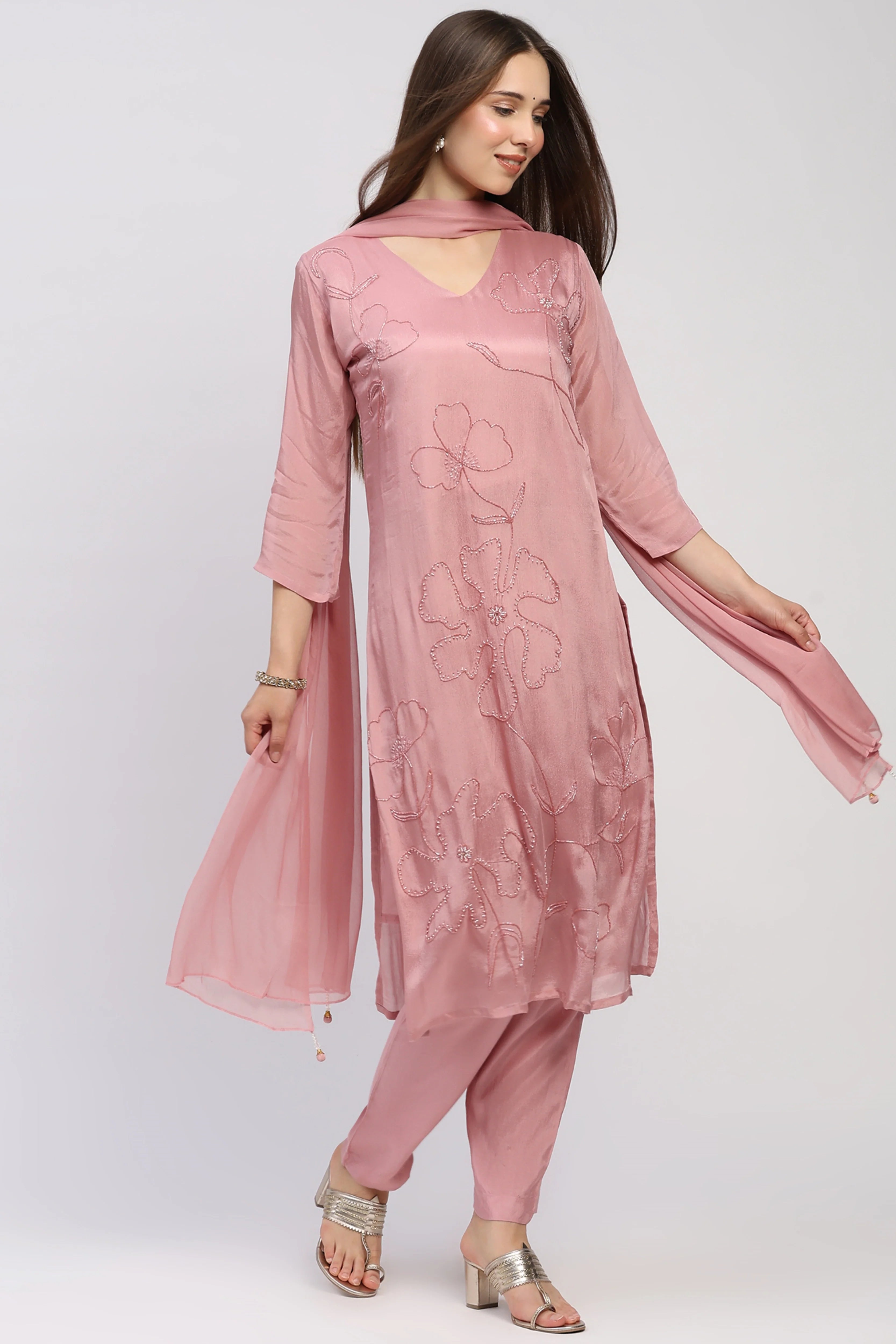 Peach Floral Beaded Suit Set