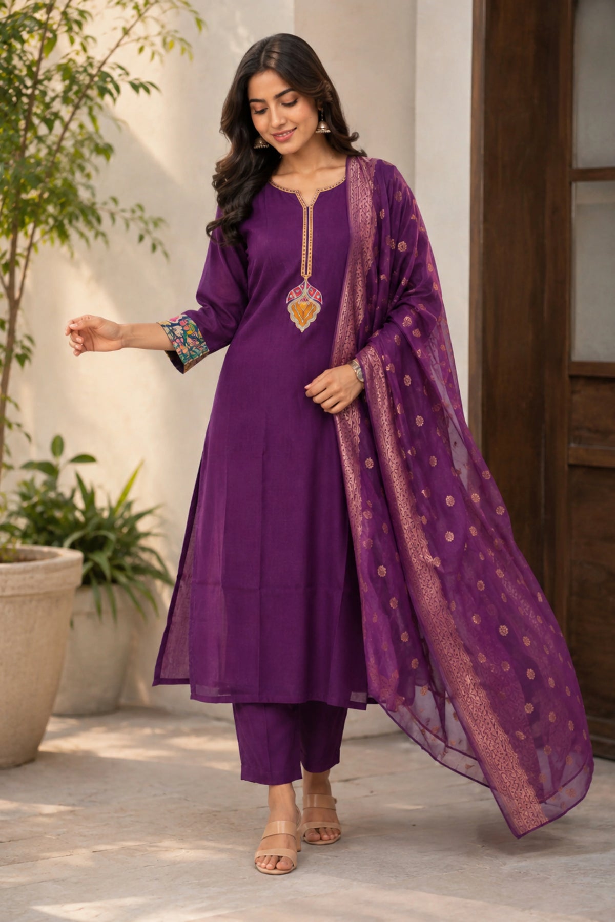 Purple Embroidered Chinon Suit Set-Global Republic