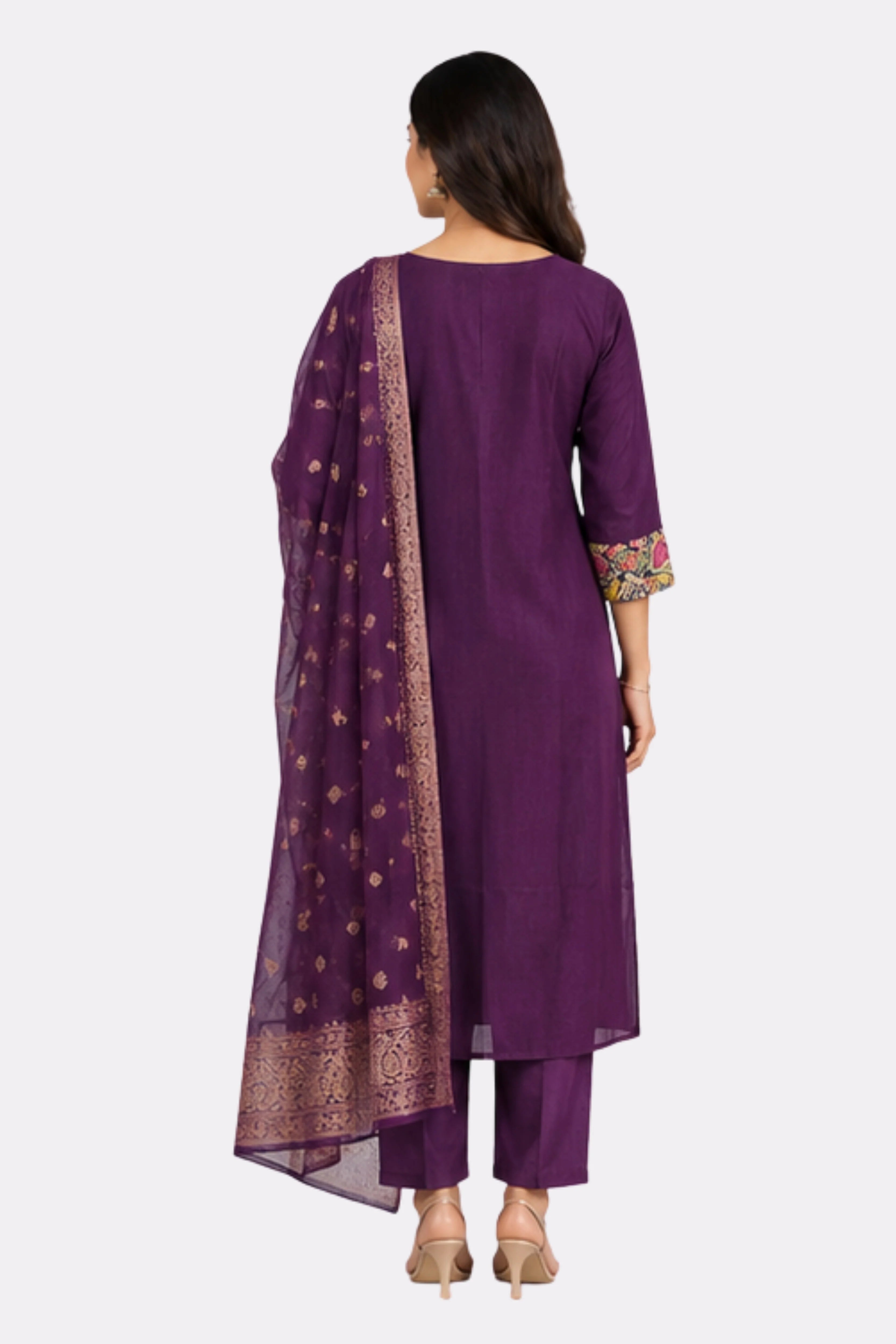 Purple Embroidered Chinon Suit Set-Global Republic