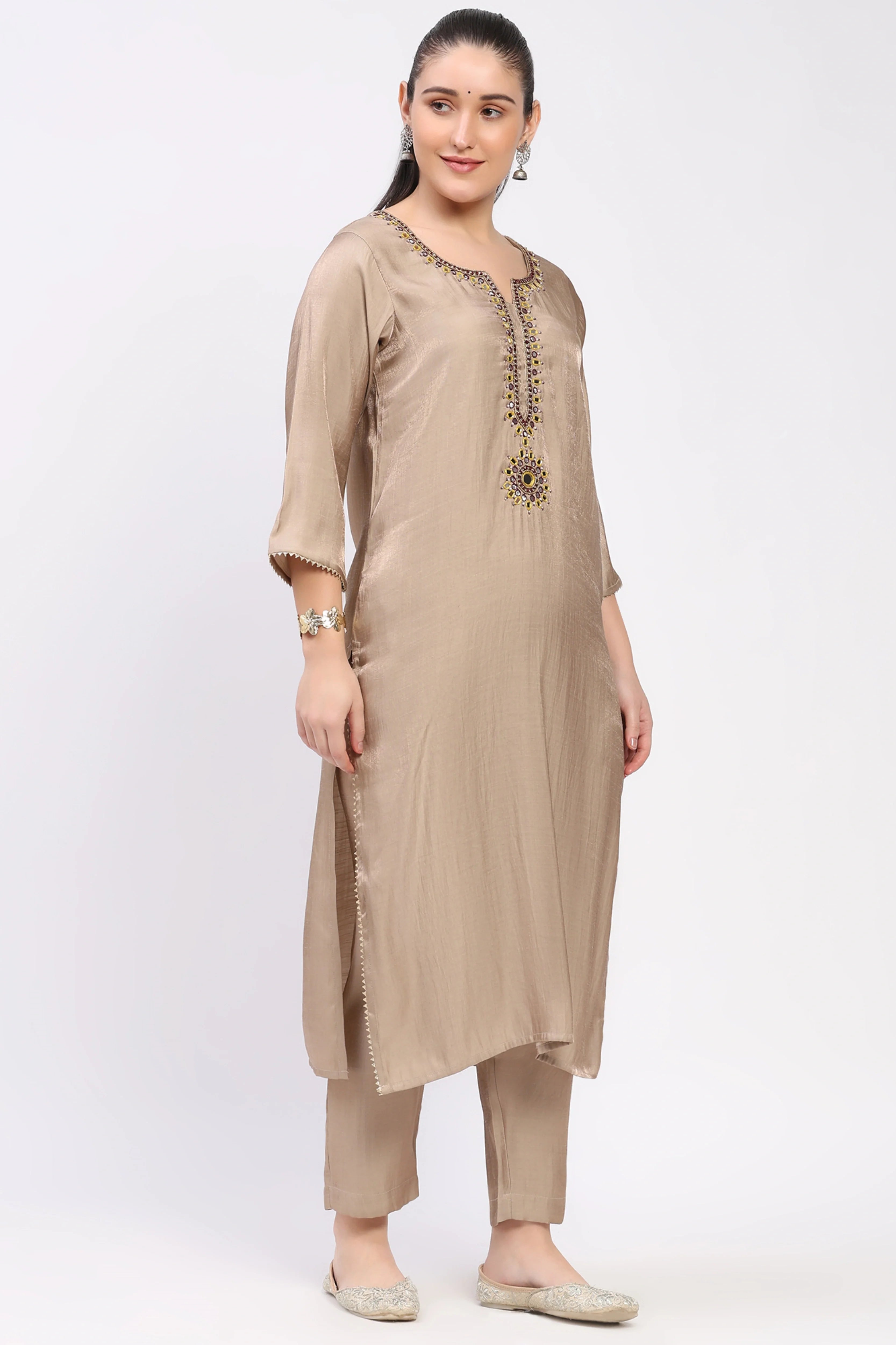 Beige Golden Embellished Kurta Set-Global Republic