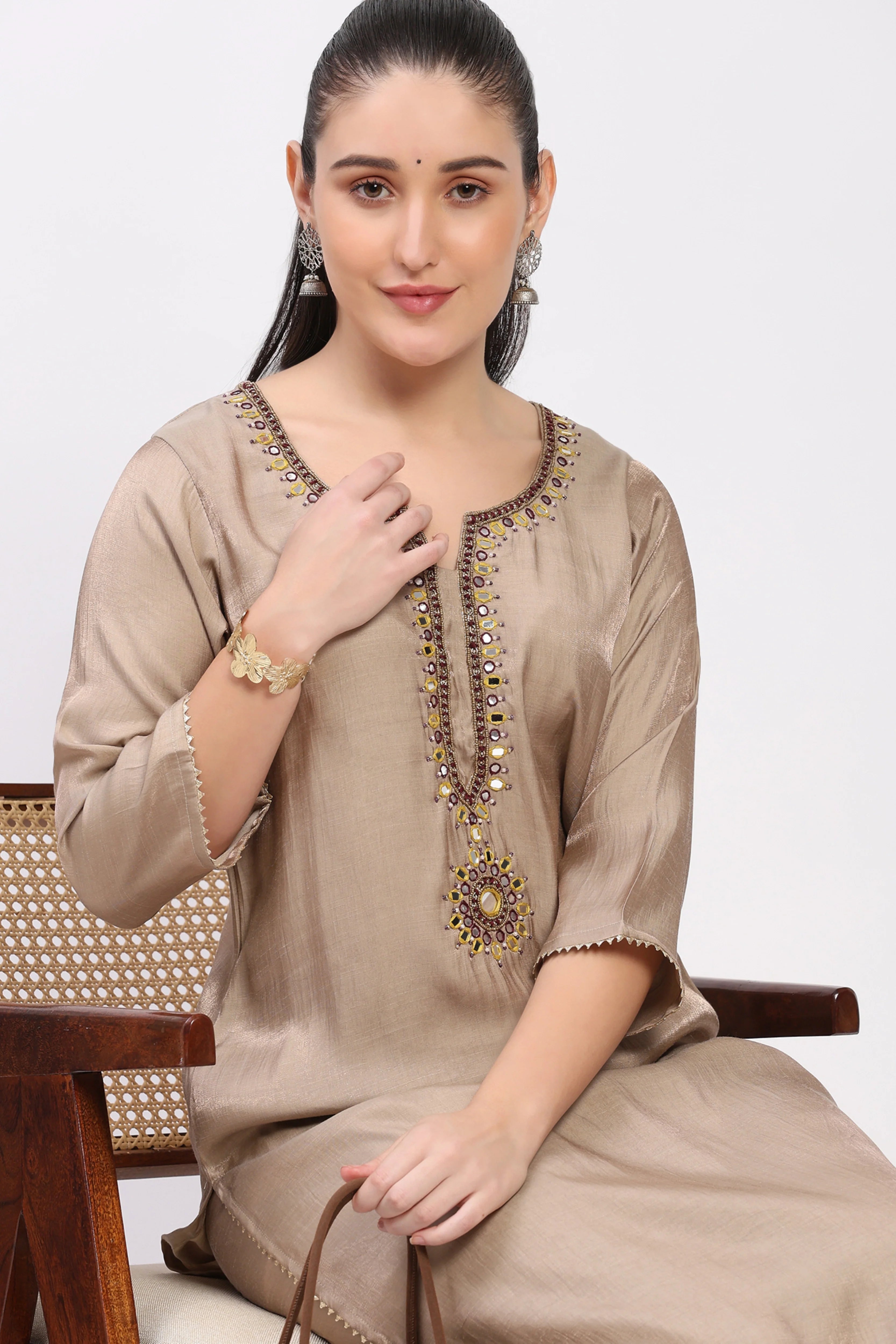 Beige Golden Embellished Kurta Set-Global Republic