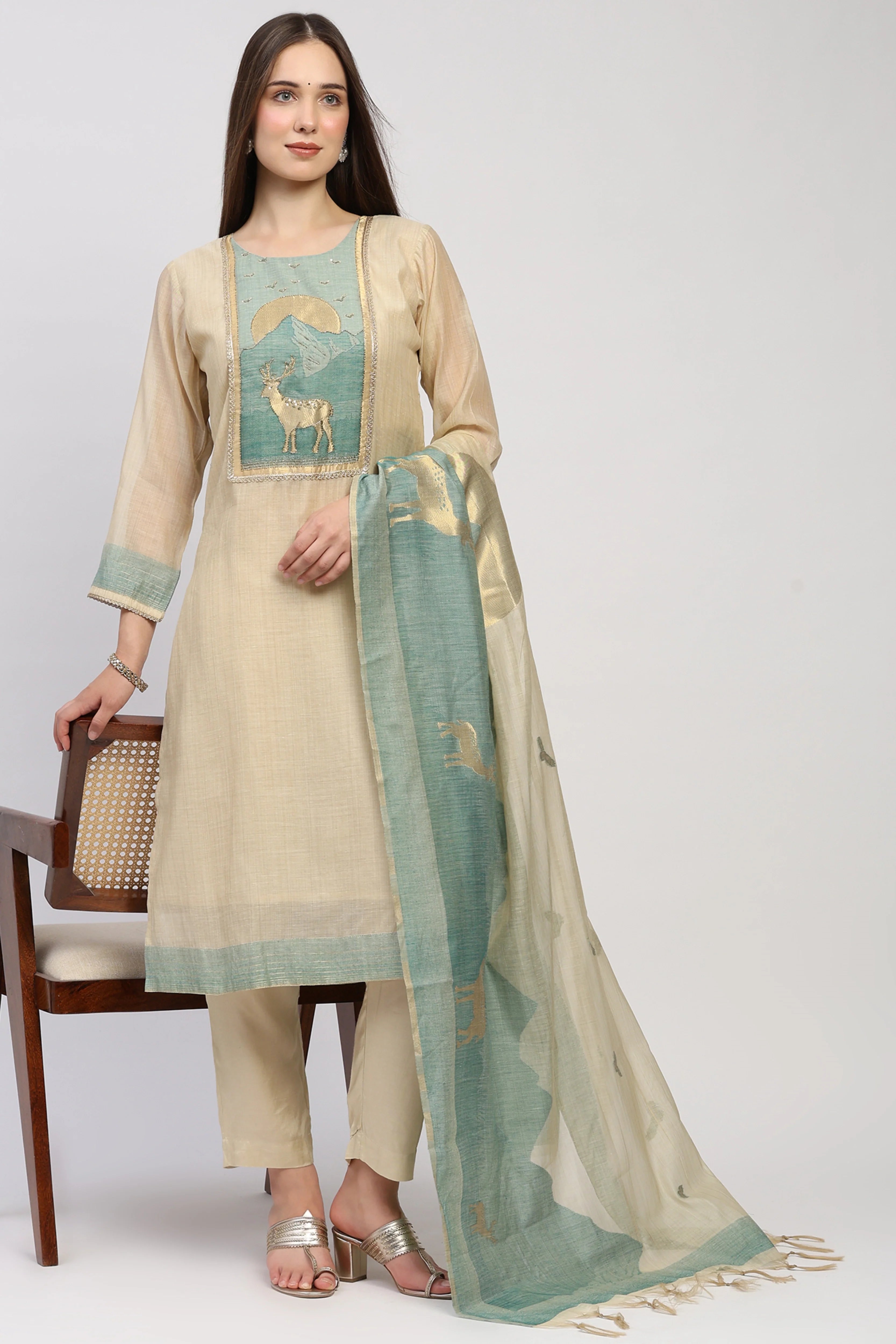 Cream Printed Chanderi Cotton Suit Set