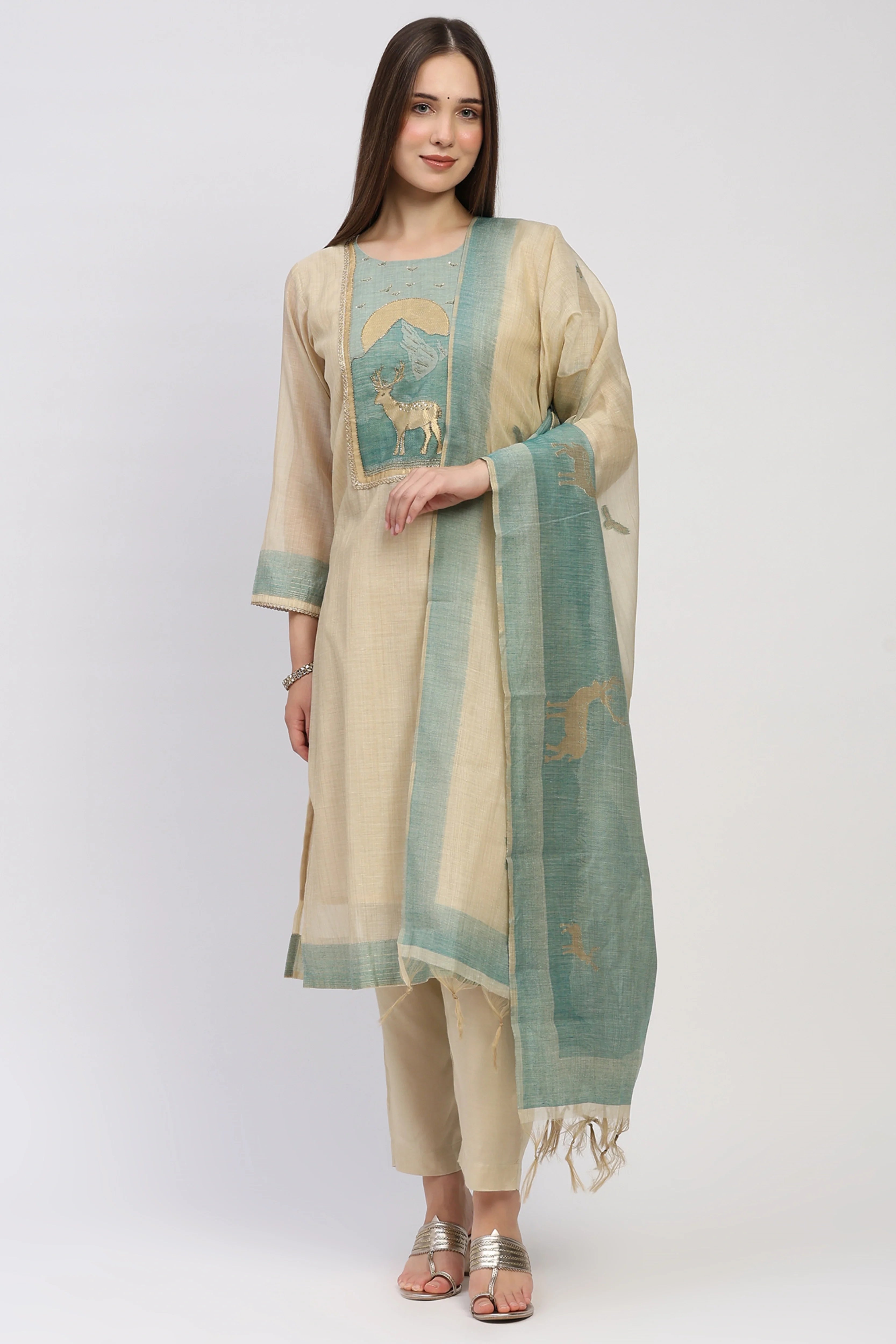 Cream Printed Chanderi Cotton Suit Set