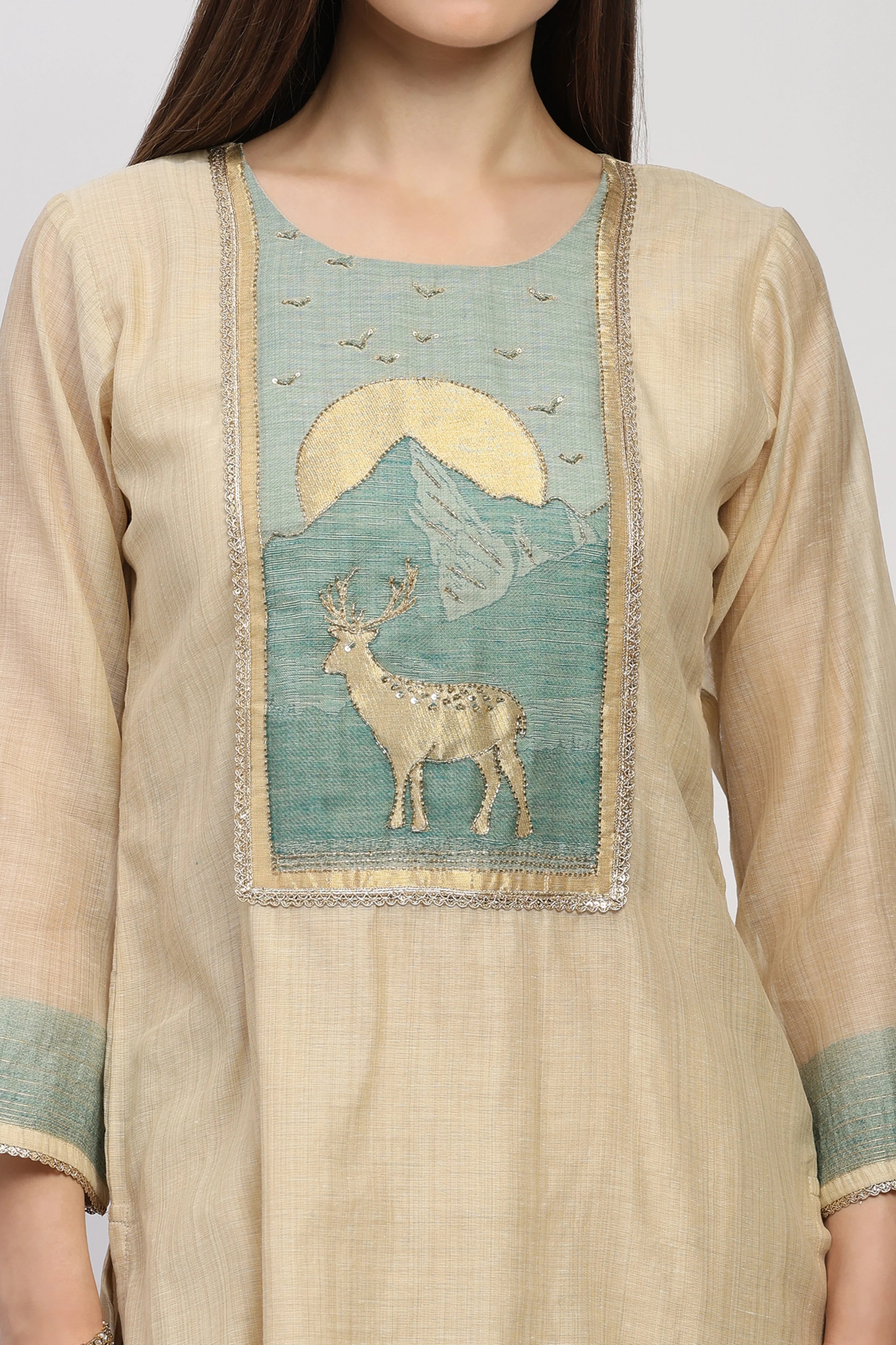 Cream Printed Chanderi Cotton Suit Set