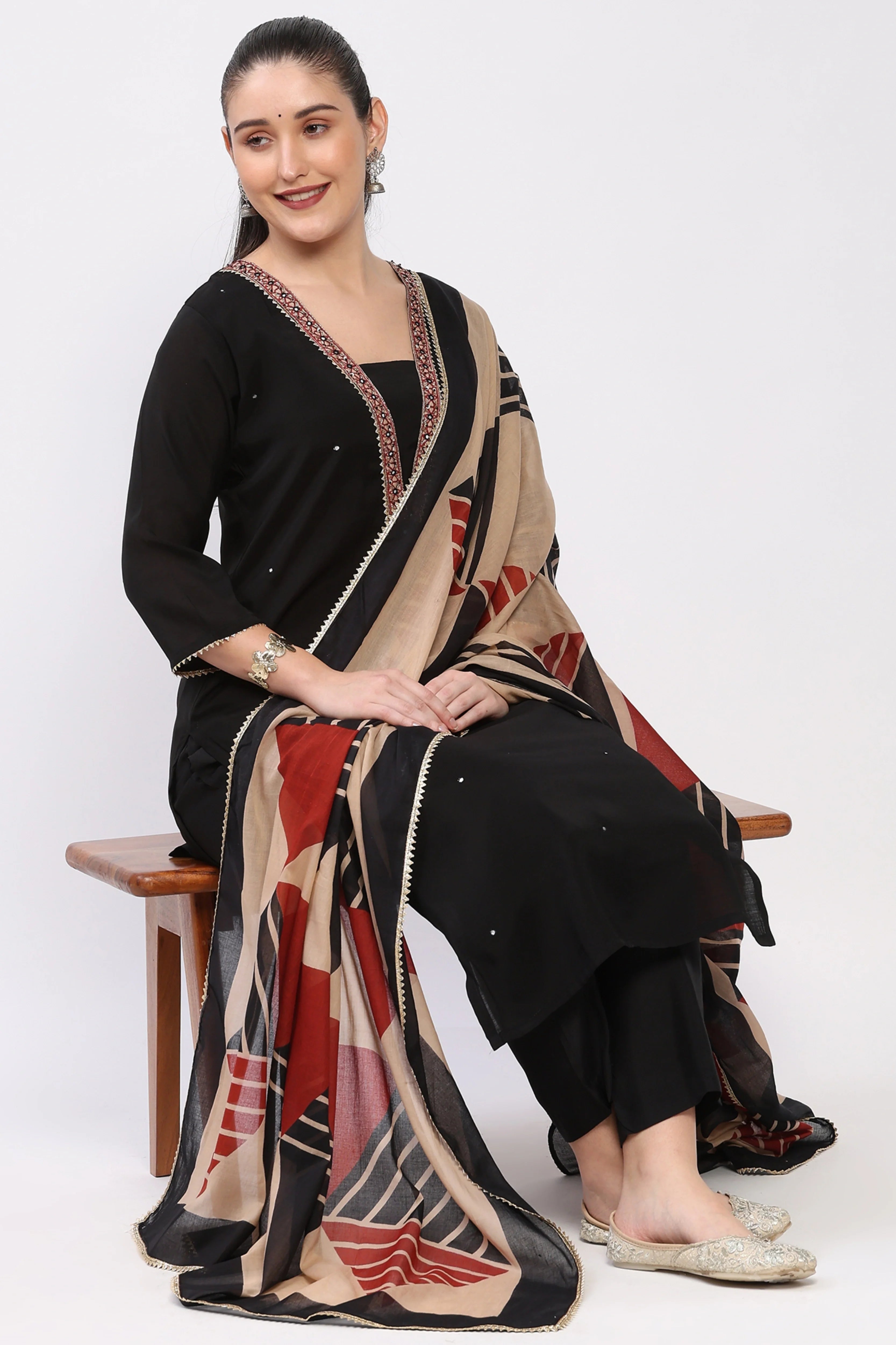 Black Chanderi Embellished Suit Set-Global Republic