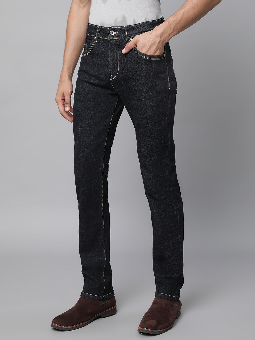 Mens Raw Black Cotton Solid Jeans - Global Republic