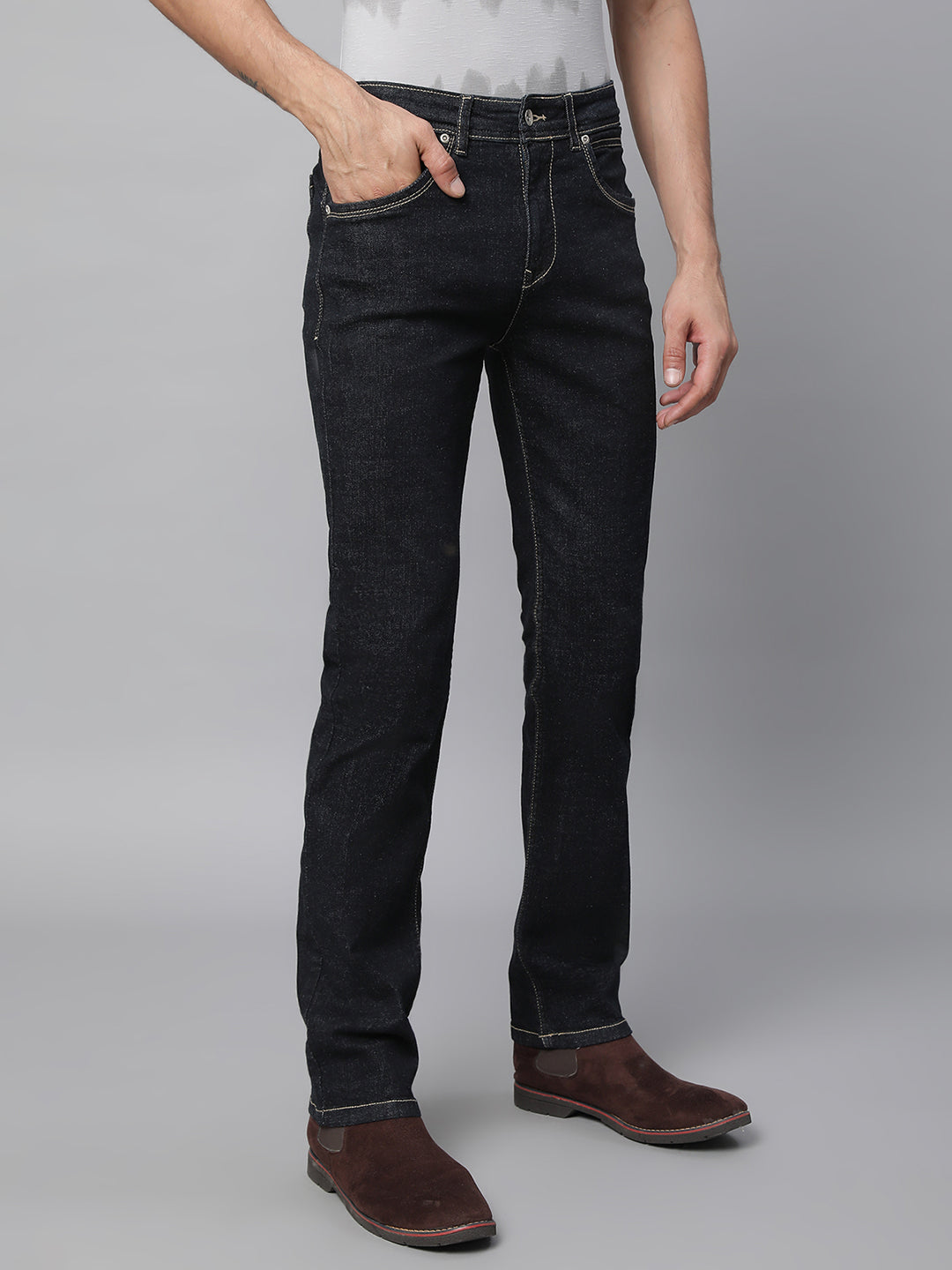 Mens Raw Black Cotton Solid Jeans - Global Republic