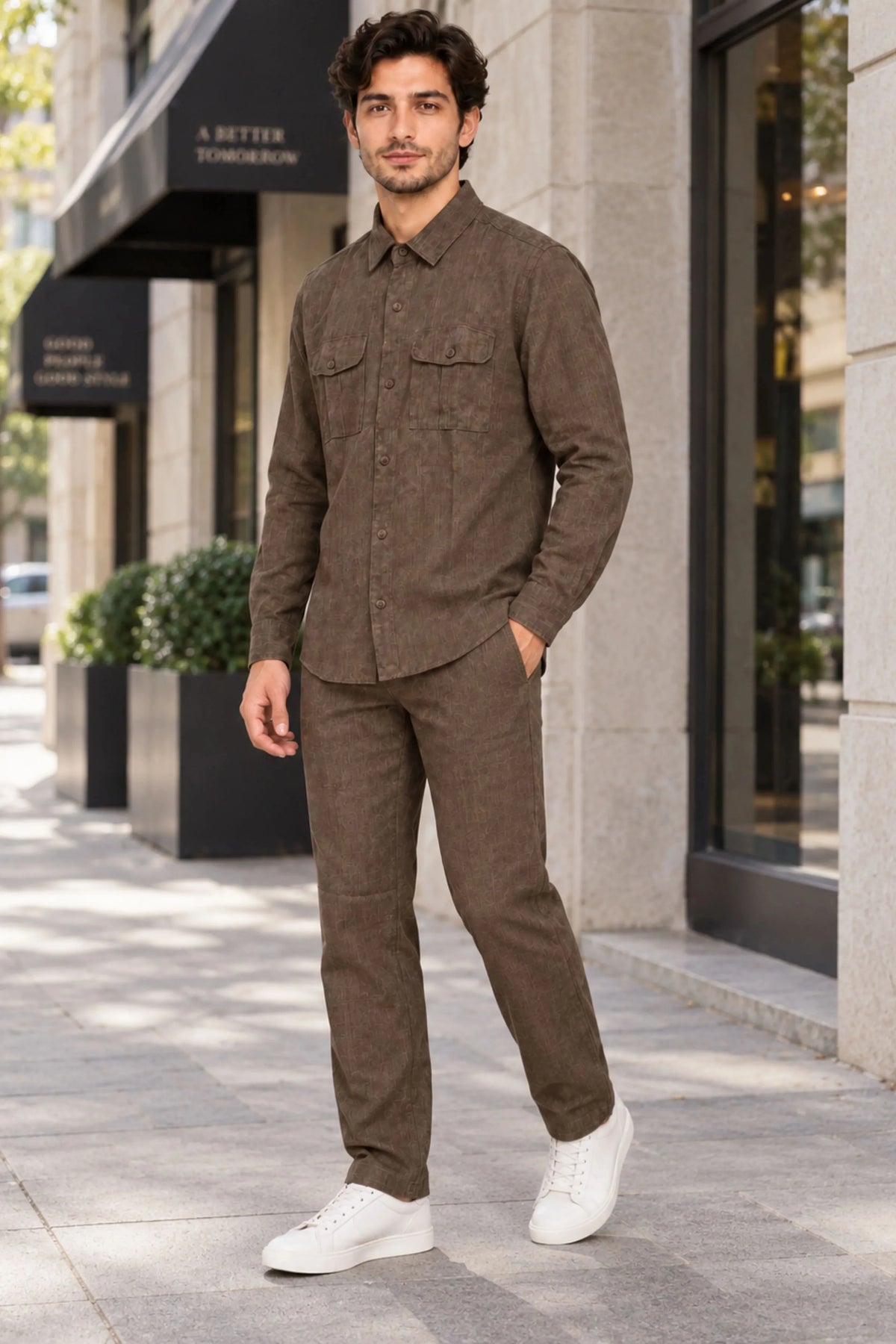 Coffee Brown Lyocell Straight-Fit Trousers-Global Republic