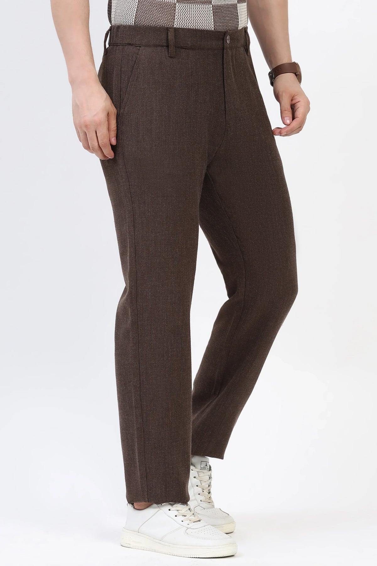 Coffee Brown Solid Melange Trousers-Global Republic