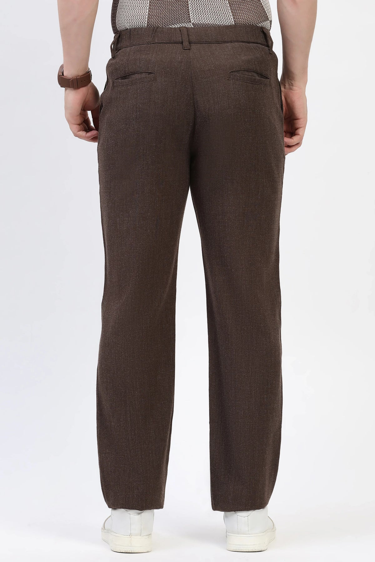 Coffee Brown Solid Melange Trousers-Global Republic