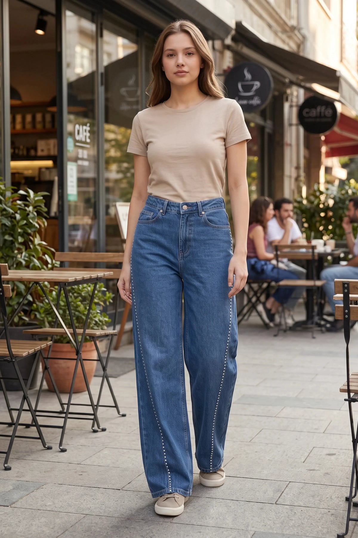 Blue Silver Stud Embellished Jeans-Global Republic
