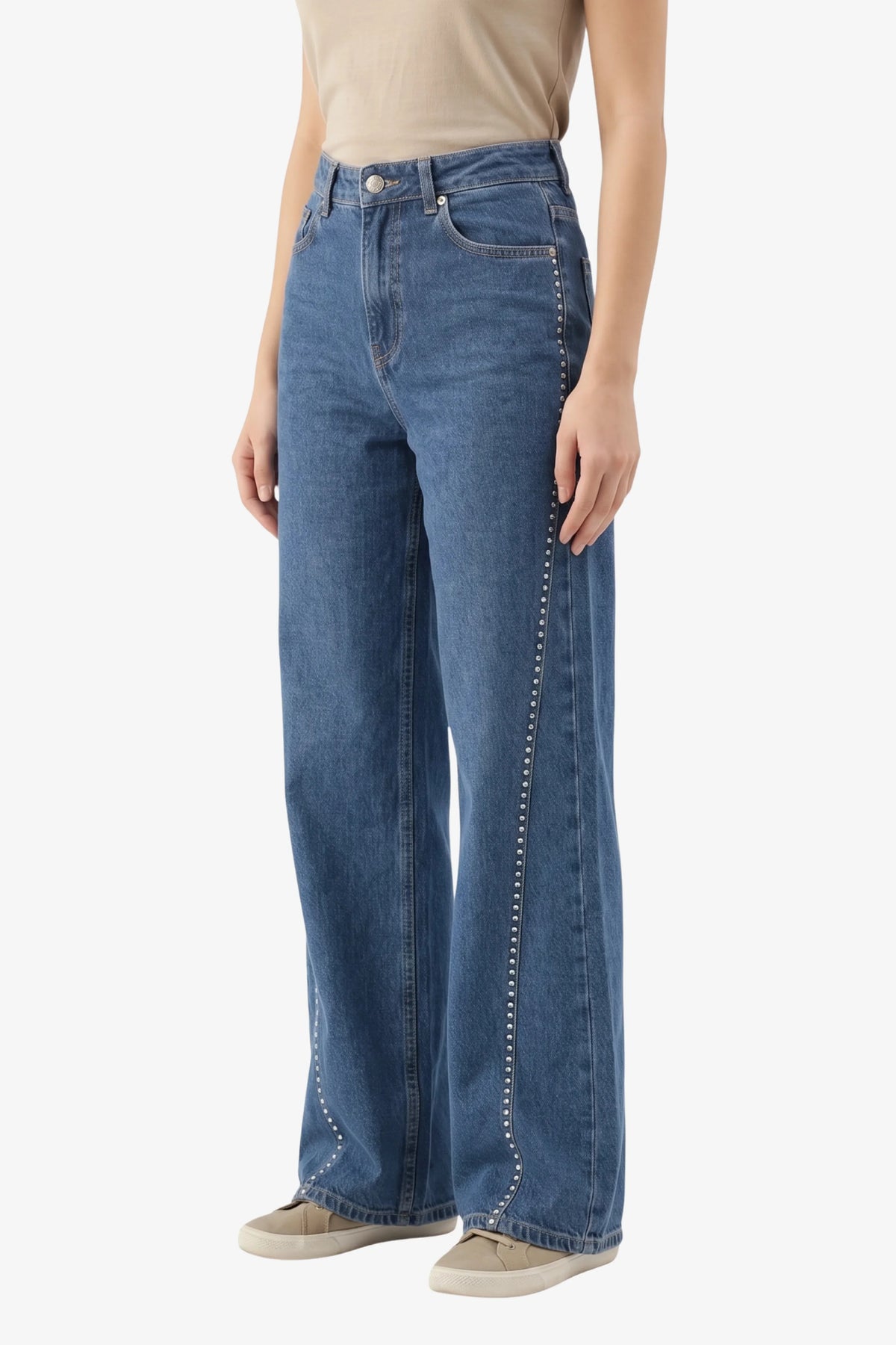 Blue Silver Stud Embellished Jeans-Global Republic