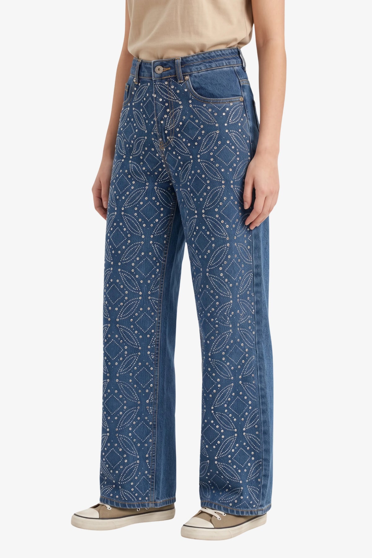 Blue Silver Stud Embellished Party Jeans-Global Republic