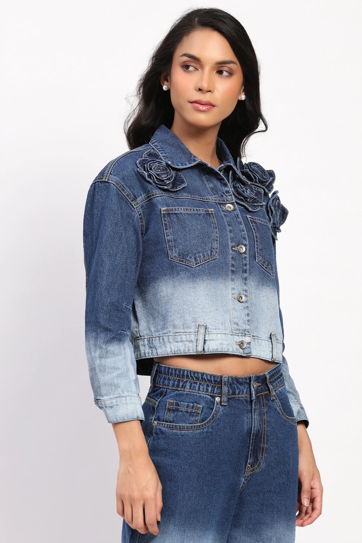 3D Rose Ombre Denim Jacket-Global Republic