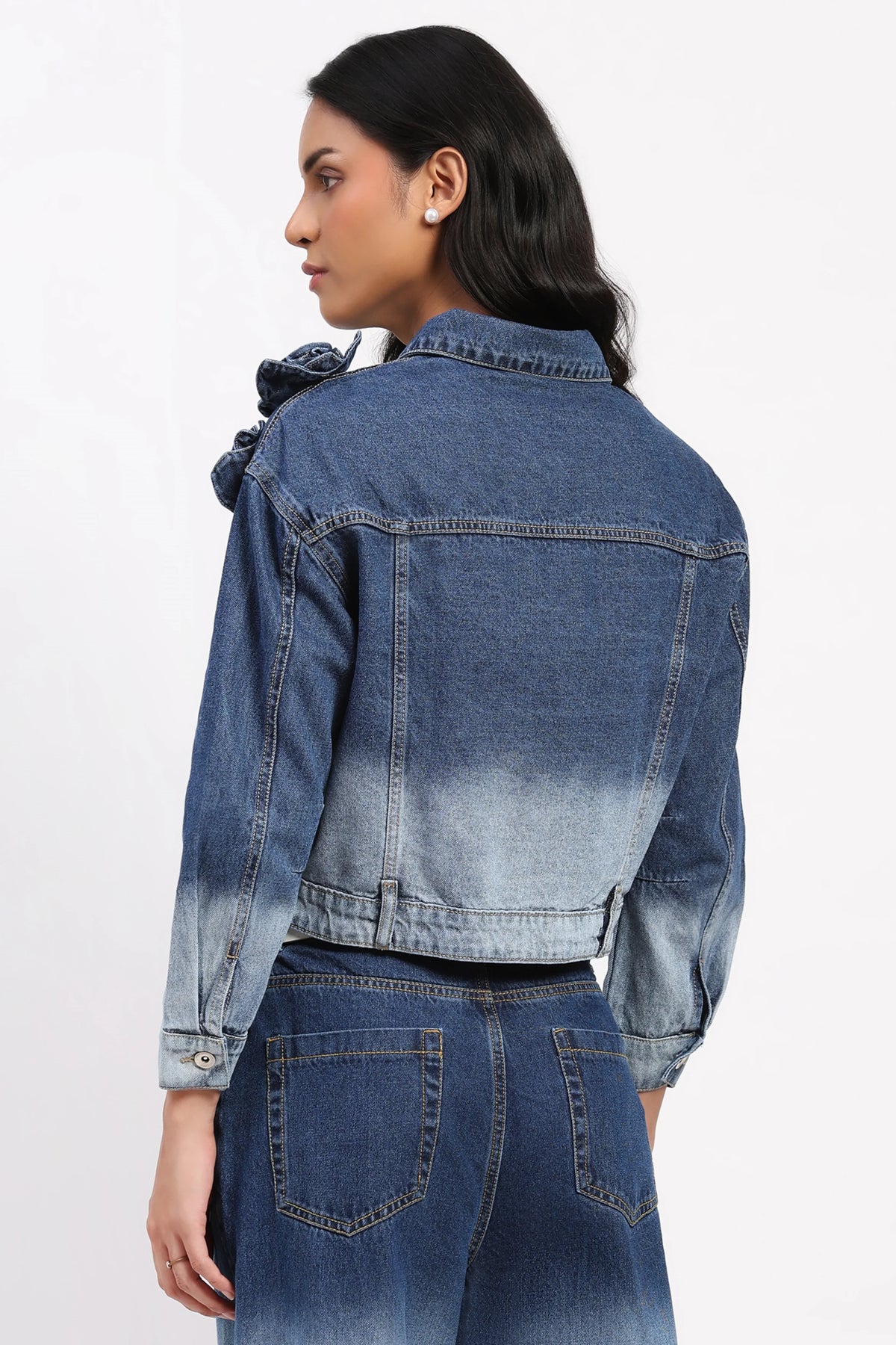 3D Rose Ombre Denim Jacket-Global Republic