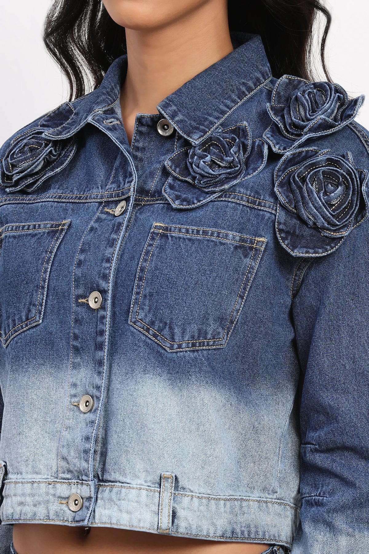 3D Rose Ombre Denim Jacket-Global Republic