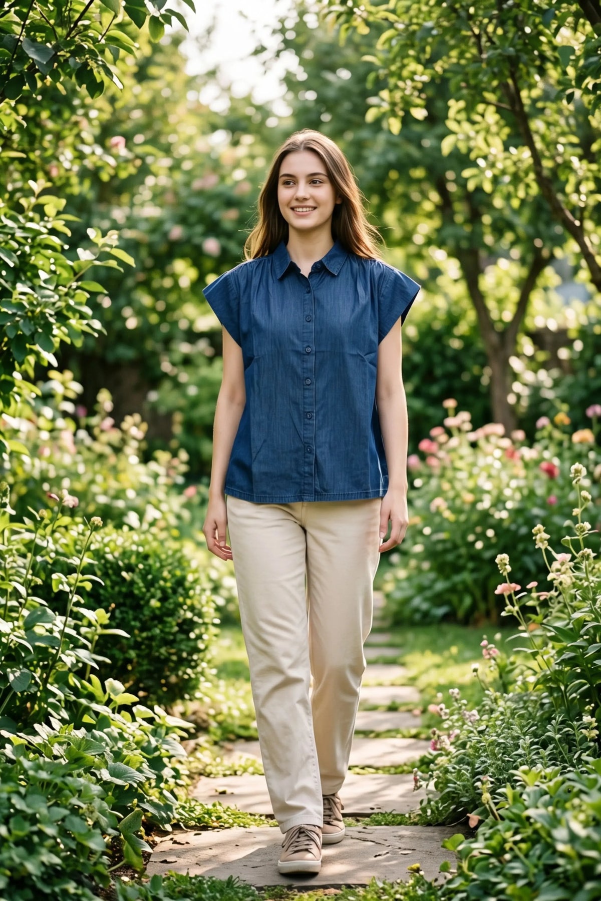 Blue Pleated Chambray Cotton Shirt-Global Republic