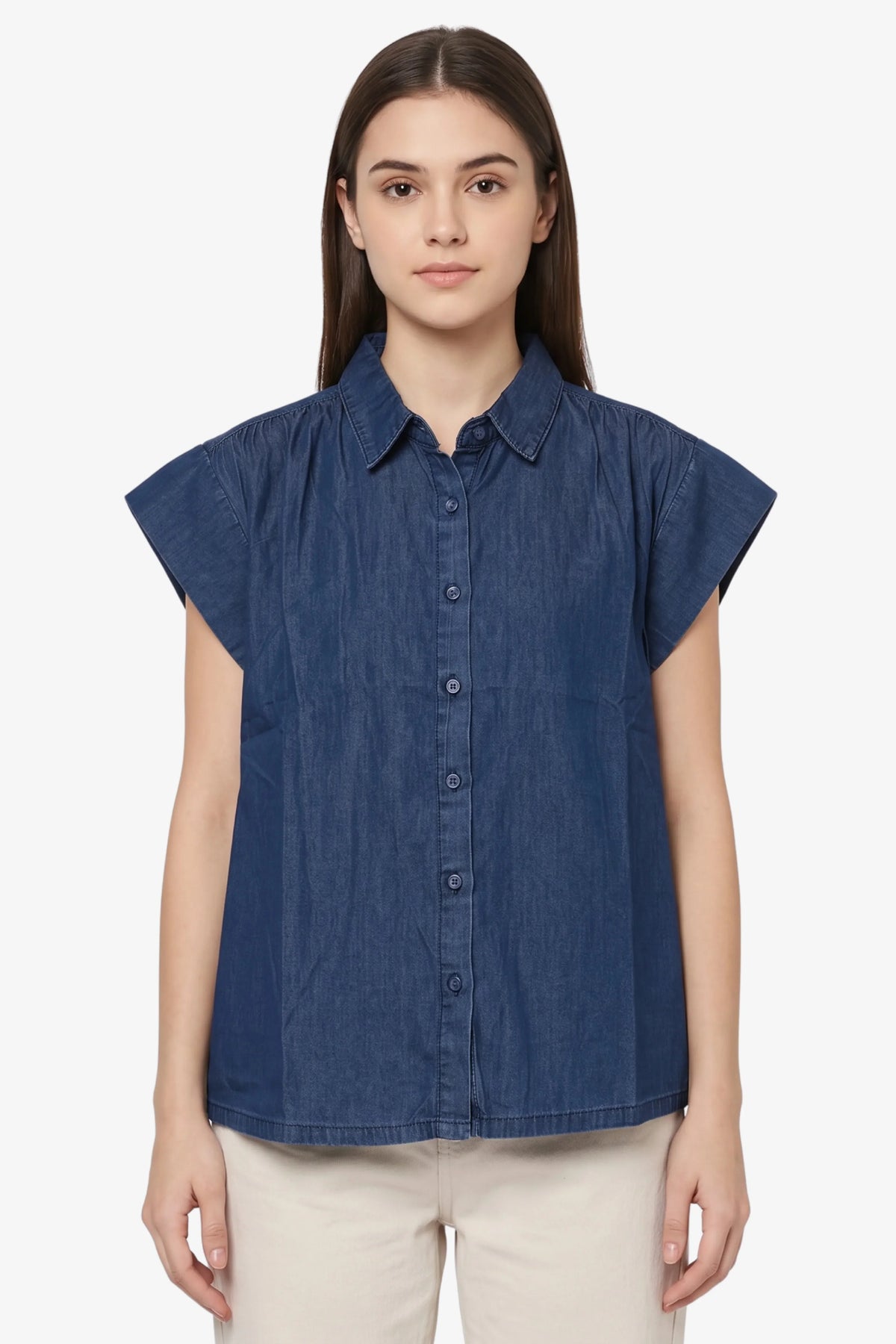 Blue Pleated Chambray Cotton Shirt-Global Republic