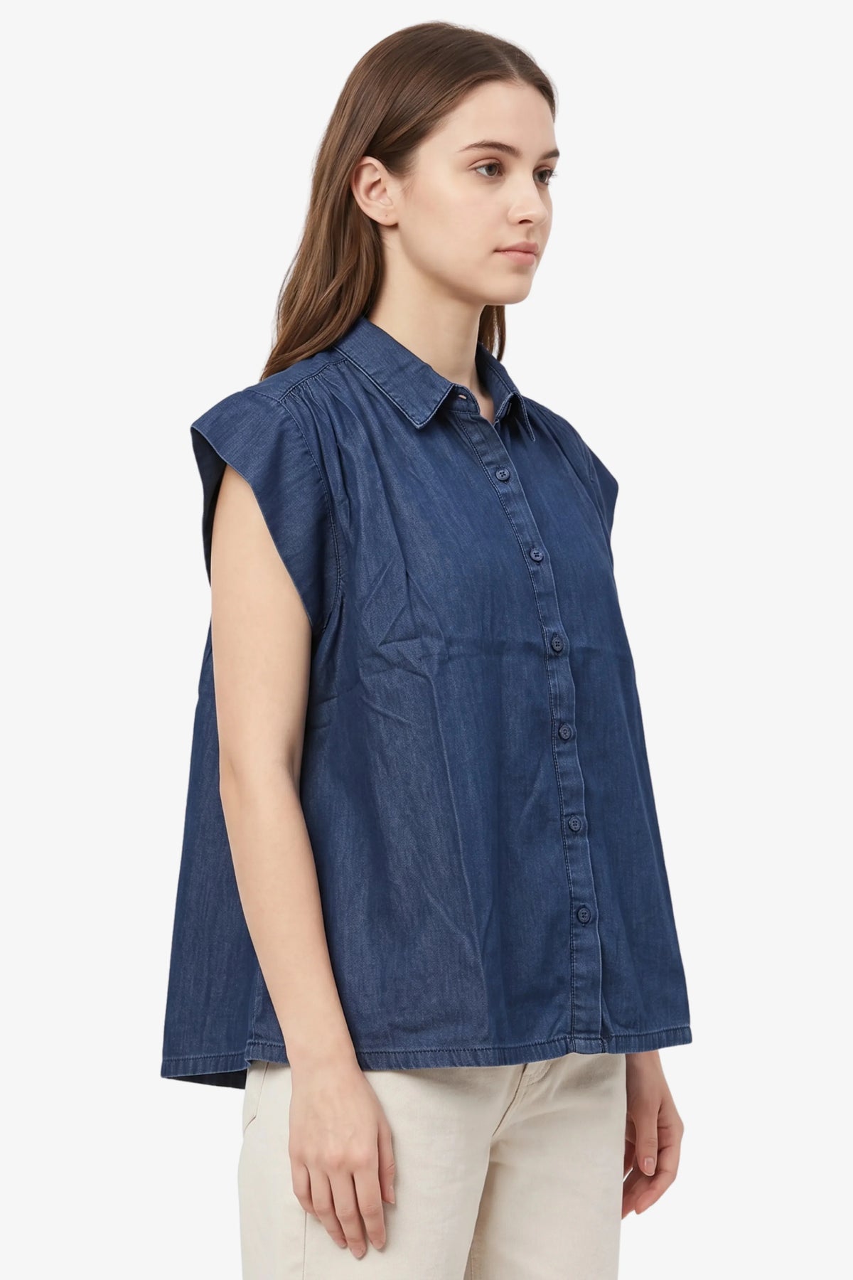 Blue Pleated Chambray Cotton Shirt-Global Republic