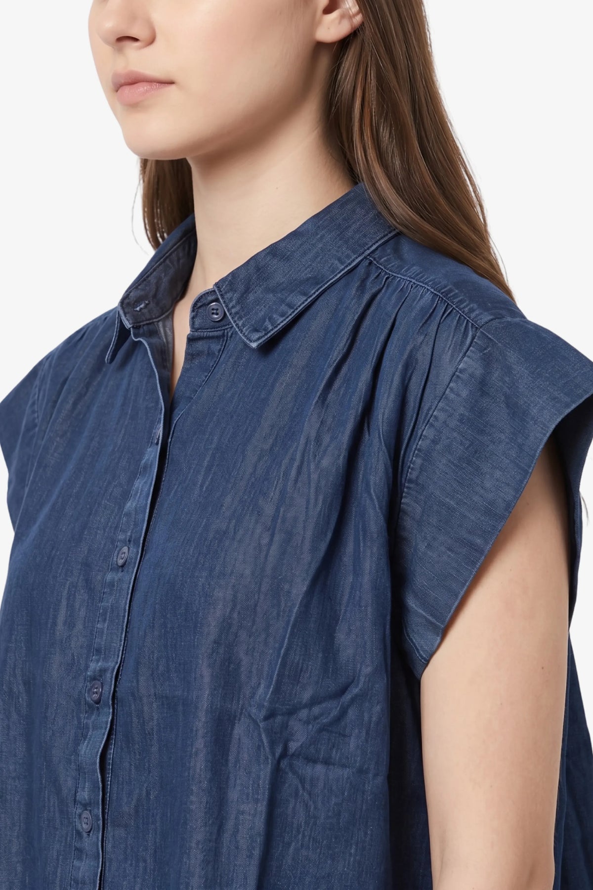 Blue Pleated Chambray Cotton Shirt-Global Republic
