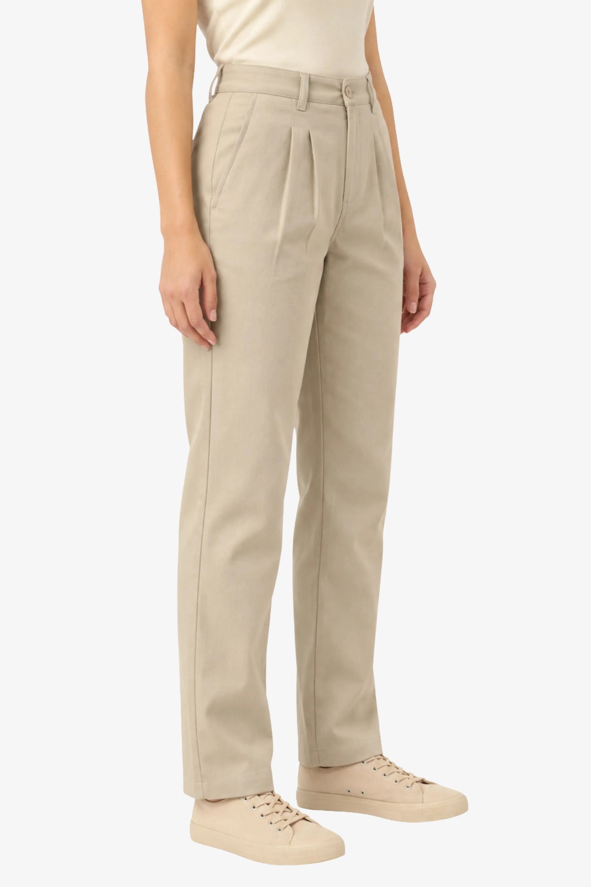 Beige Pleated Straight-Fit Trousers-Global Republic
