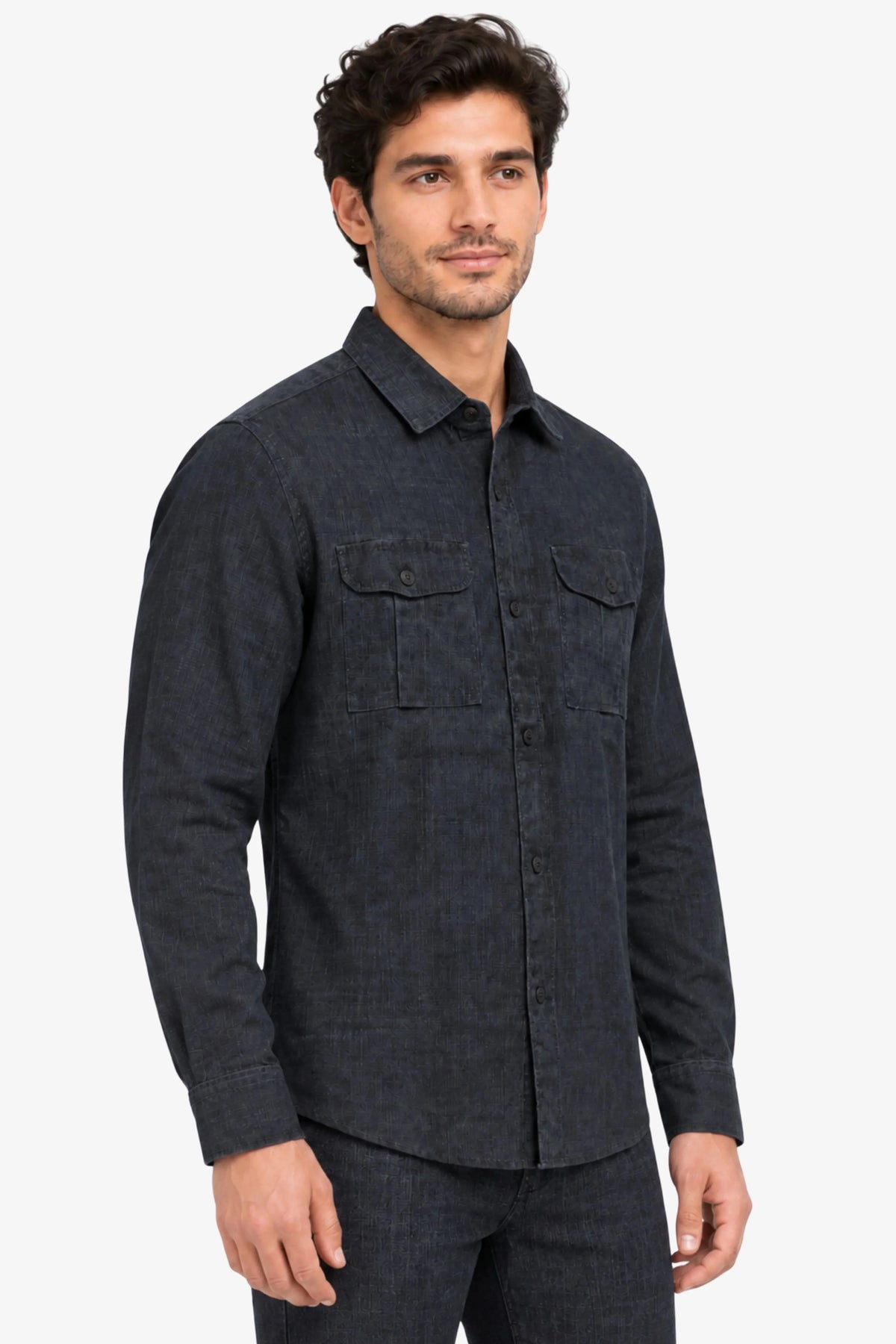Navy Blue Lyocell Melange Shirt-Global Republic